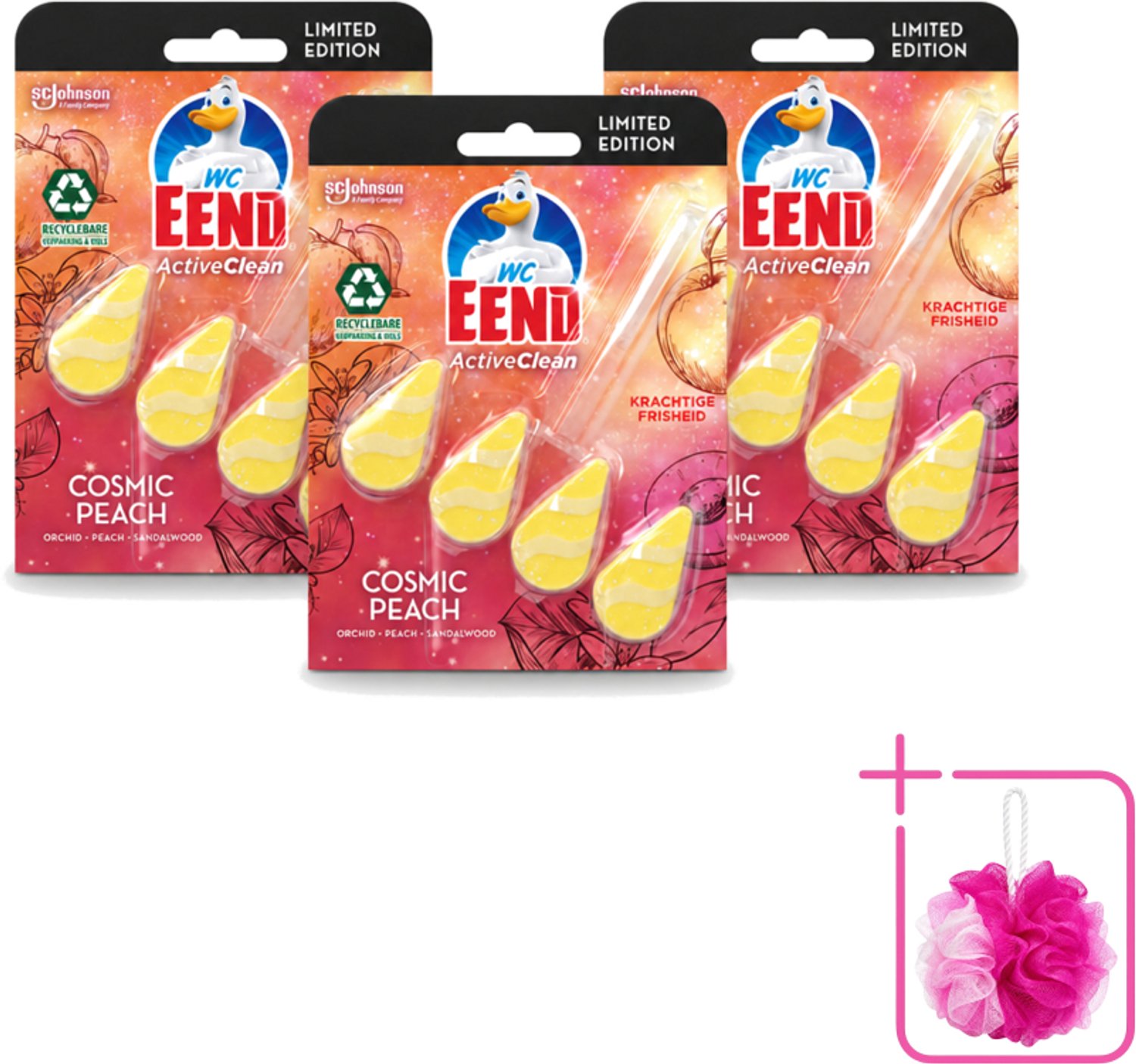 3 x WC Eend - Active Clean Cosmic Peach - Toiletblok - Fruitige Perzikgeur - 38 gr - Bulkverpakking - Toilet reinigen - Douchemop - Toilet blok