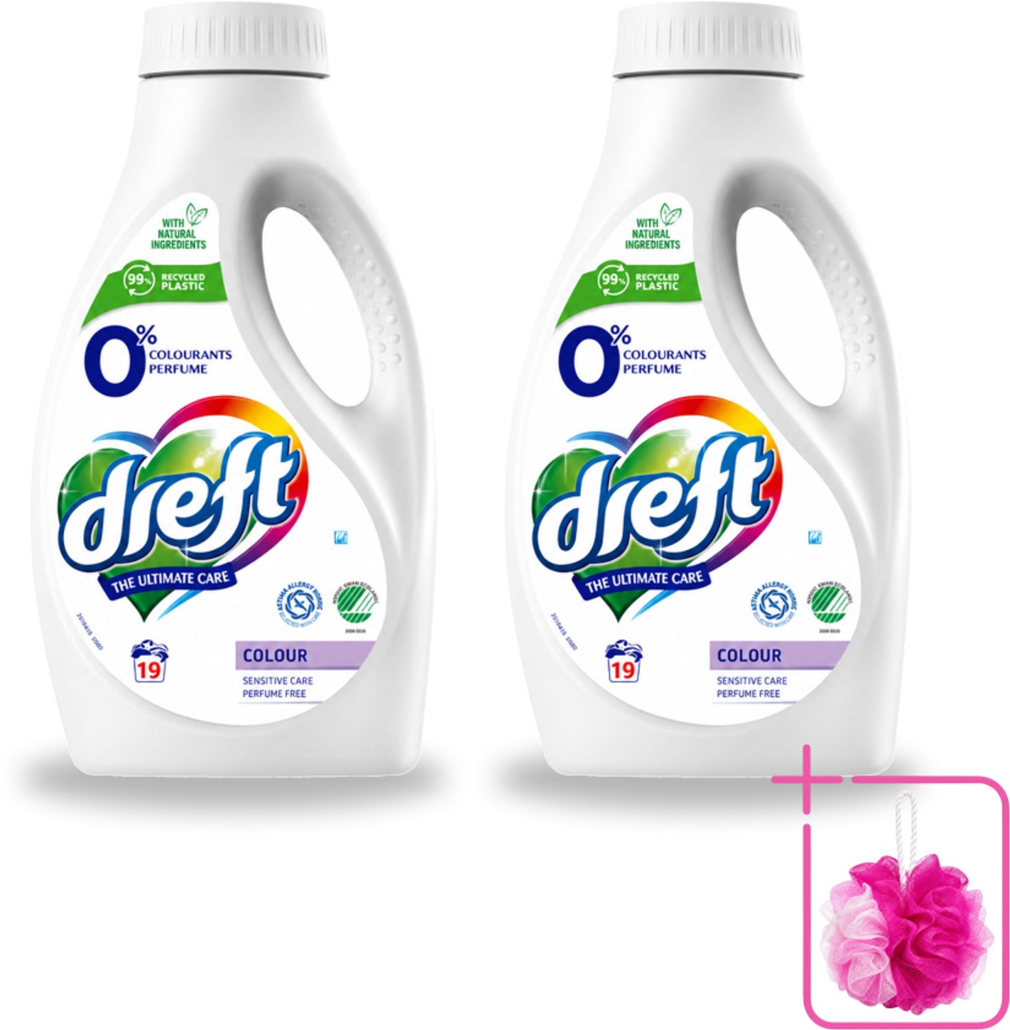 2 x Dreft - Vloeibaar Wasmiddel - 0% Gekleurde Was - Hypoallergeen - 19 Wasbeurten - Bulkverpakking - 0% parfum - Douchemop - Gevoelige huid