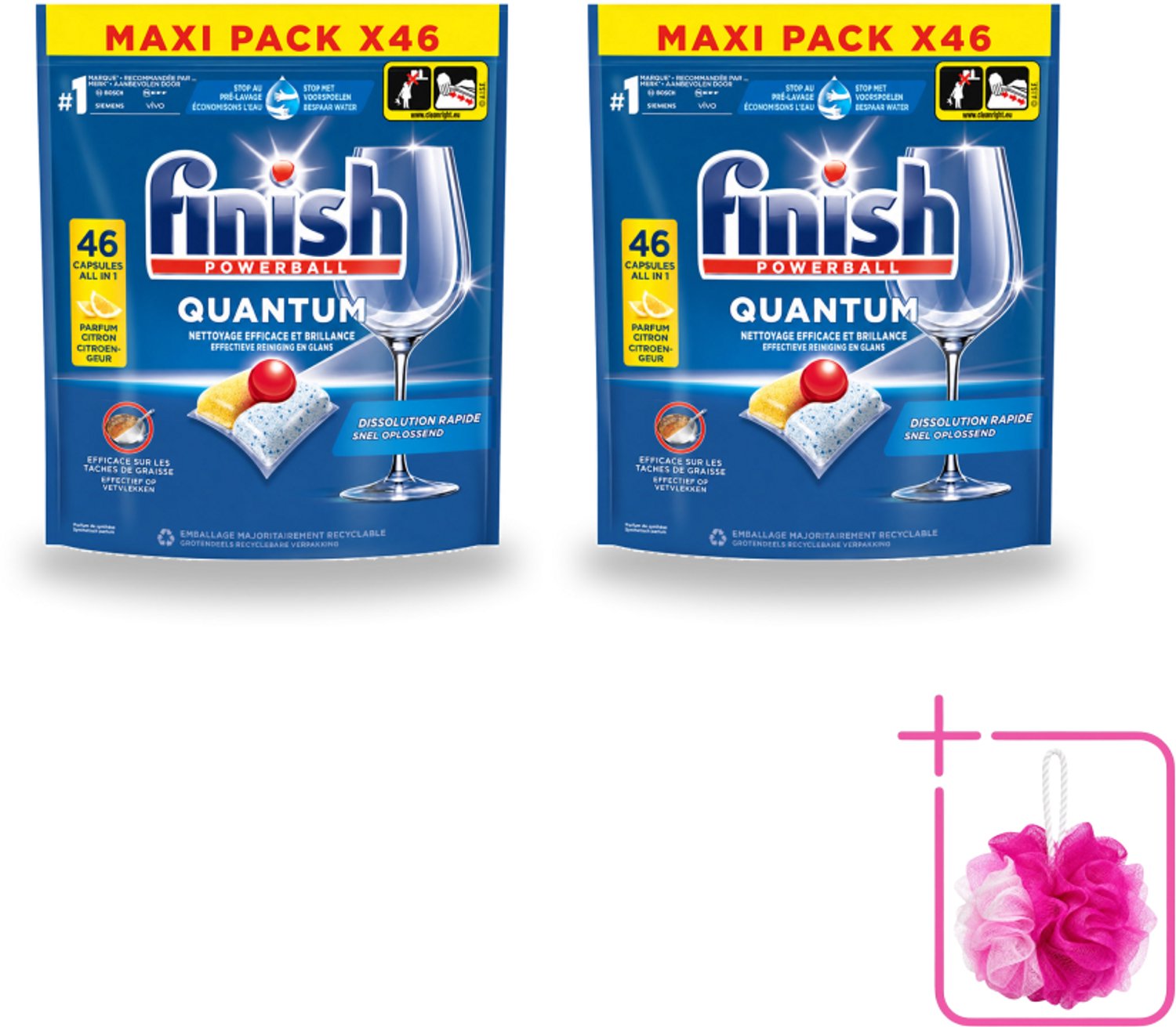 2 x Finish - Vaatwasmiddel - Quantum Vaatwastabletten Citroen - Diepe Reiniging & Frisheid - 46 capsules - Bulkverpakking - Vaatwastabletten - Douchemop - Diepe reiniging