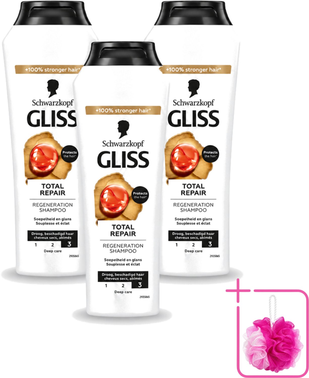3 x Gliss - Shampoo - Total Repair - Voor Intensief Haarherstel - 250 ml - Bulkverpakking - Haarkracht - Douchemop - Haarherstel