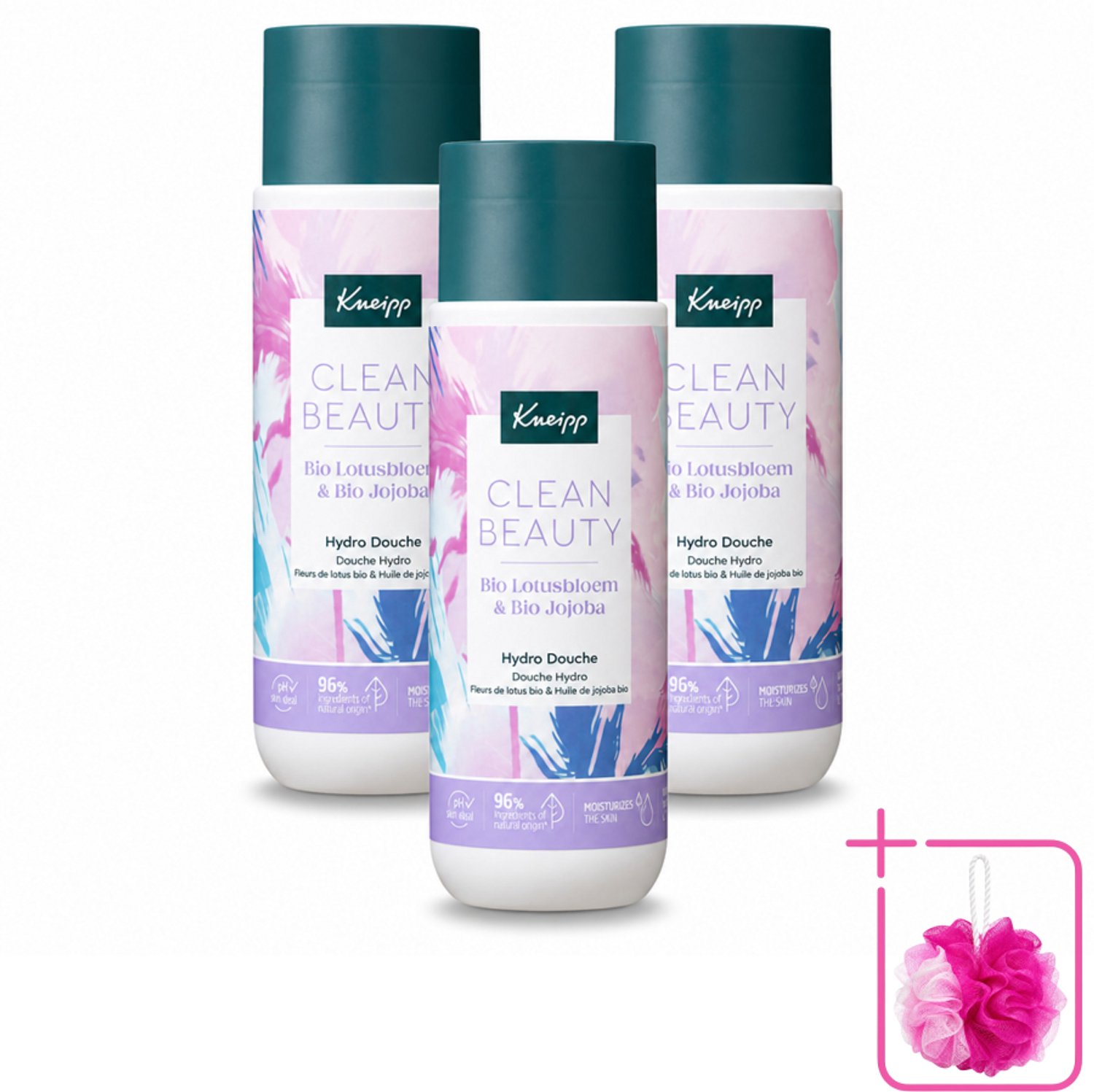 3 x Kneipp - Douchegel - Clean Beauty - Lotus & Jojoba - 200 ml - Bulkverpakking - Douchegel - Douchemop - Natuurlijke reiniging