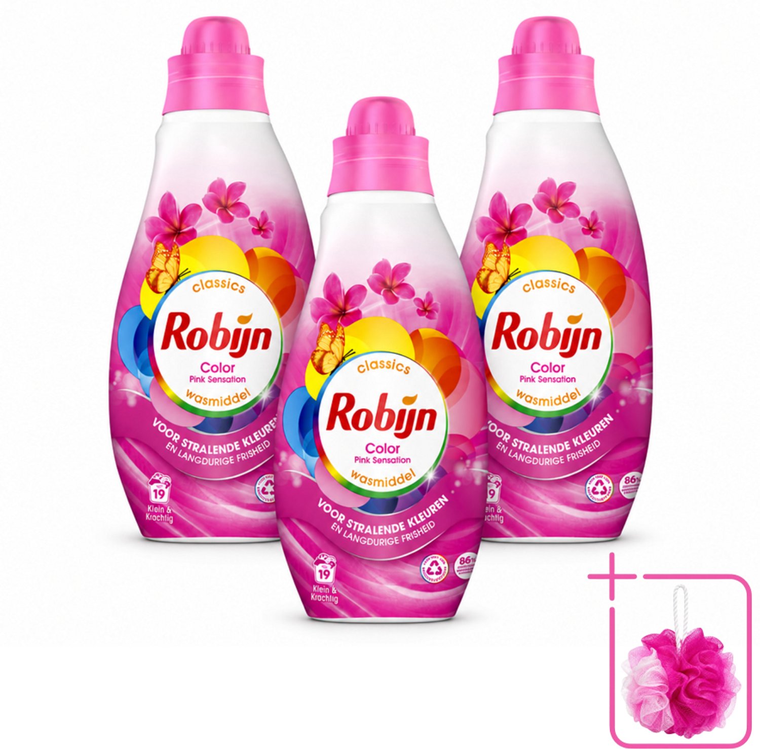 3 x Robijn - Klein & Krachtig Classics Color Pink Sensation - Vloeibaar Wasmiddel - 19 Wasbeurten - Bulkverpakking - Kleurbehoud - Douchemop - Frisse was