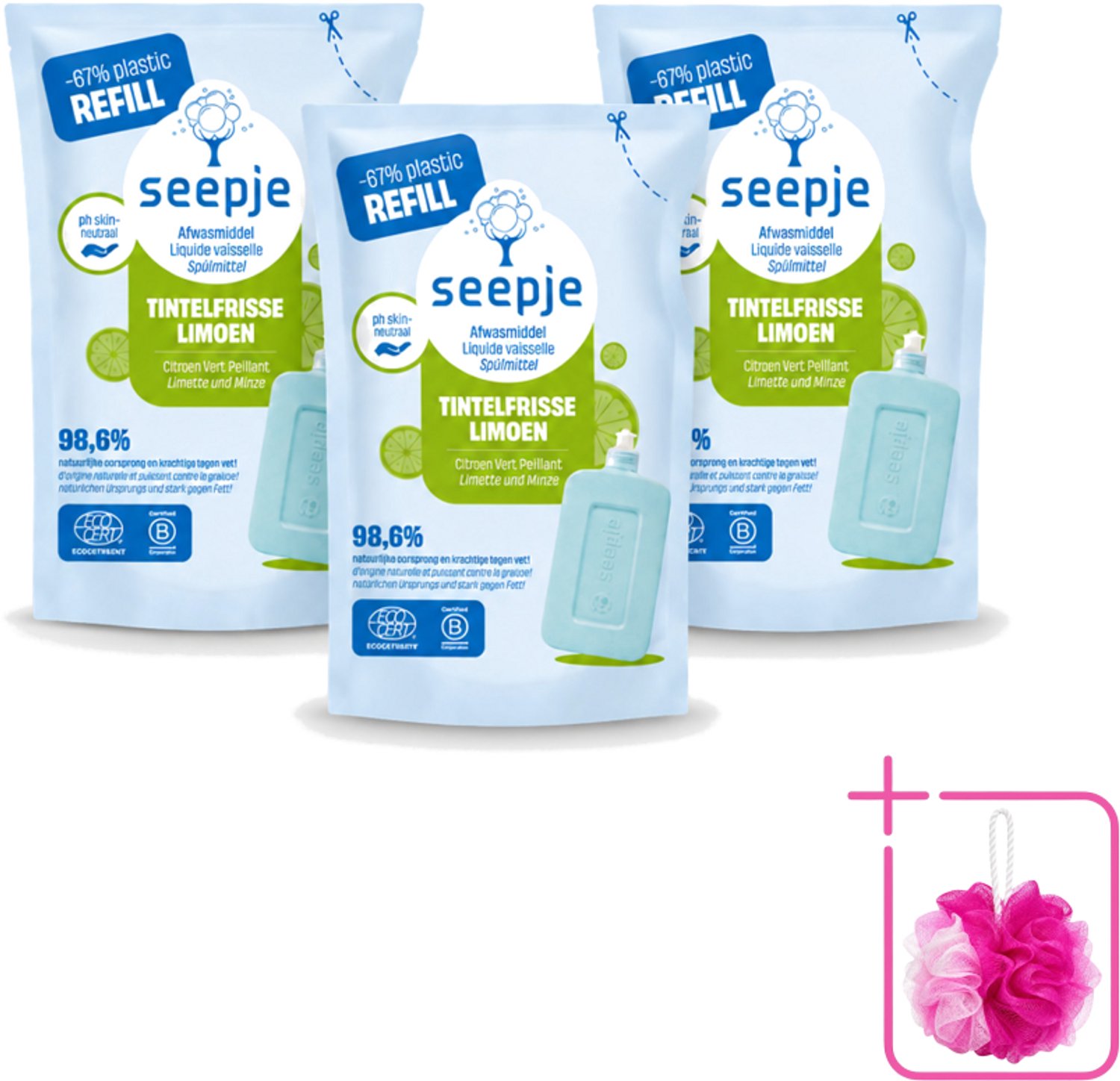 3 x Seepje - Afwasmiddel - Duurzaam & Herbruikbaar - Re-fill - Tintelfrisse Limoen Geur - 500 ml - Bulkverpakking - Afwasmiddel - Douchemop - Afwasmiddel refill