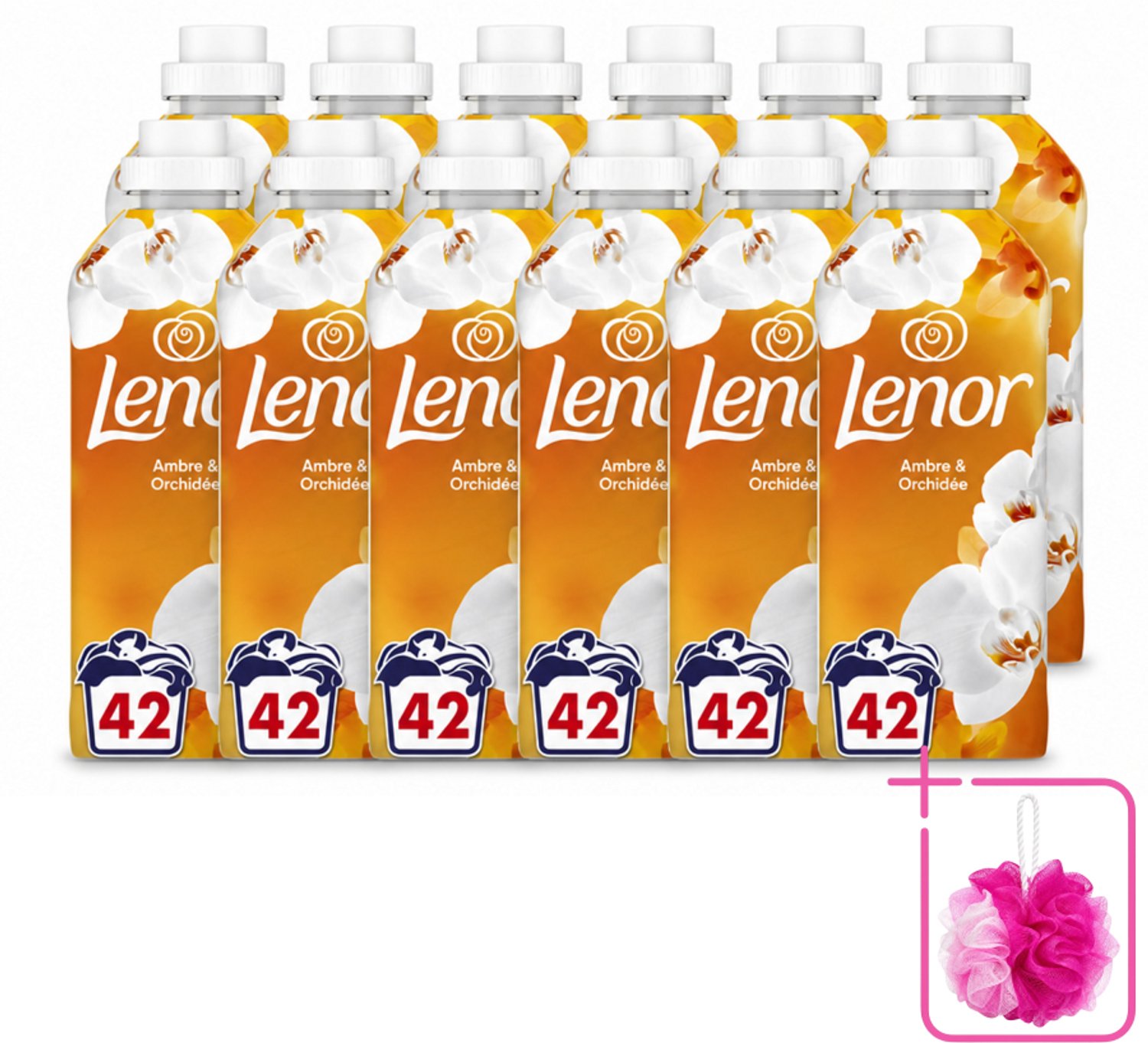 12 x Lenor - Wasverzachter - Amber & Orchidee - Fris & Zacht - 42 Wasbeurten - Bulkverpakking - Wasverzachter - Douchemop - Geur