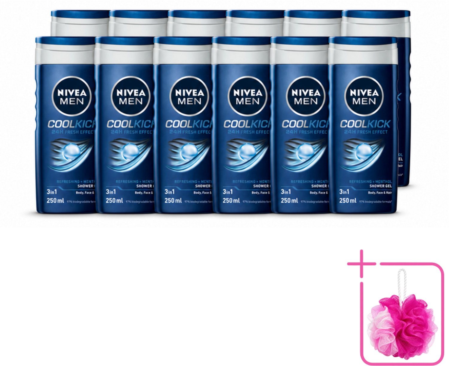 12 x NIVEA MEN - Douchegel - Cool Kick - 250 ml - Bulkverpakking - Douchegel - Douchemop - Shampoo