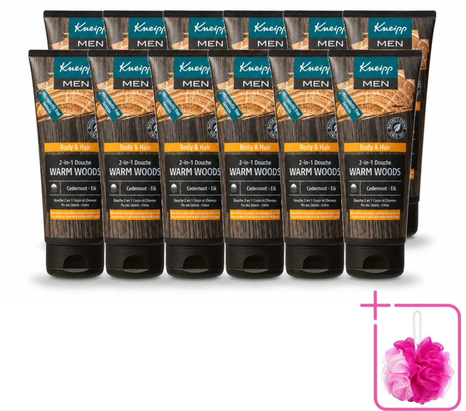 12 x Kneipp - Douchegel - Men - Warm Woods - 2-in-1 - 200 ml - Bulkverpakking - Douchegel voor mannen - Douchemop - Natuurlijke verzorging