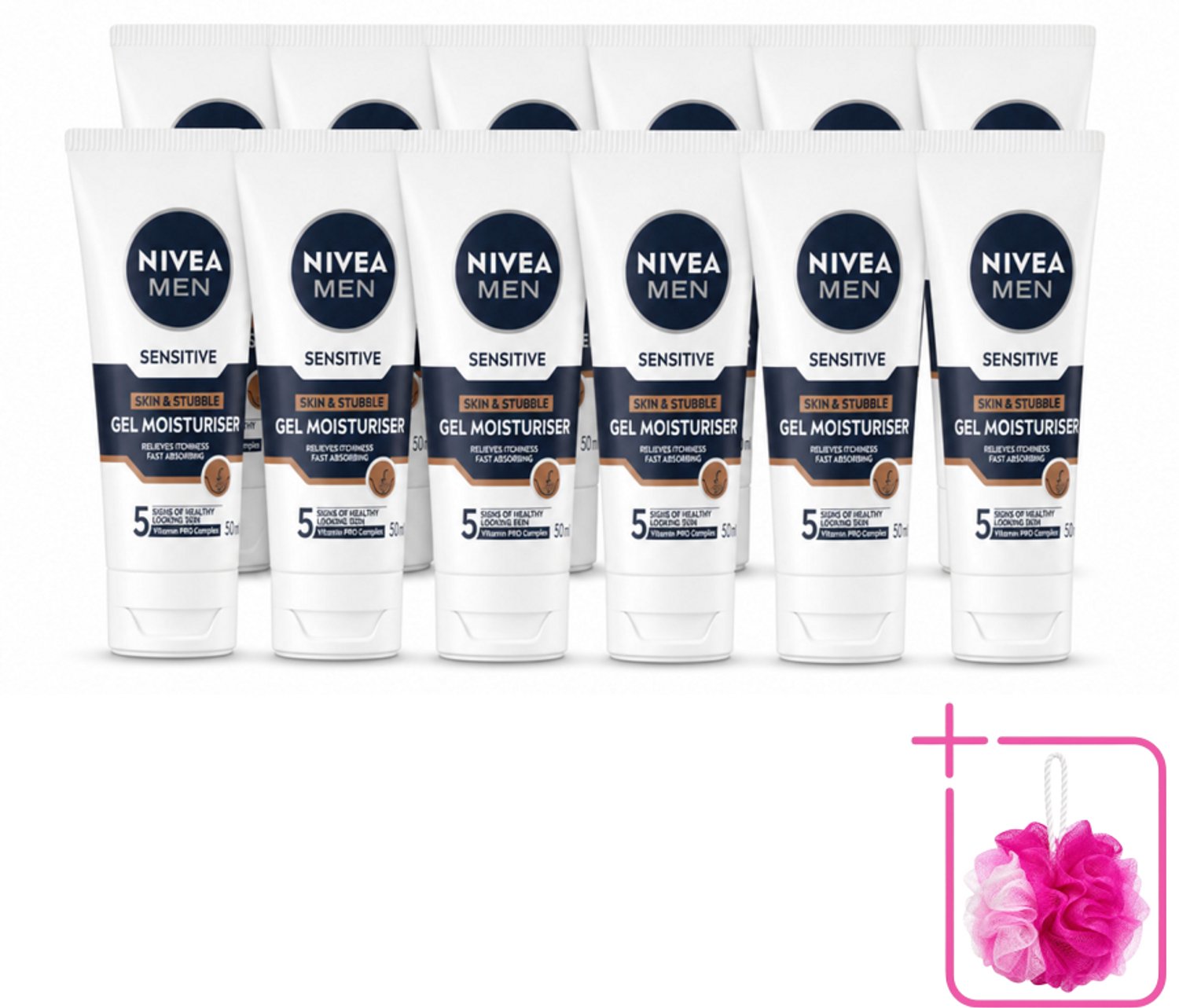 12 x NIVEA MEN - Sensitive - Gezichtsgel Huid & Stoppelbaard - 50 ml - Bulkverpakking - Gevoelige huid - Douchemop - Stoppelbaard verzorging
