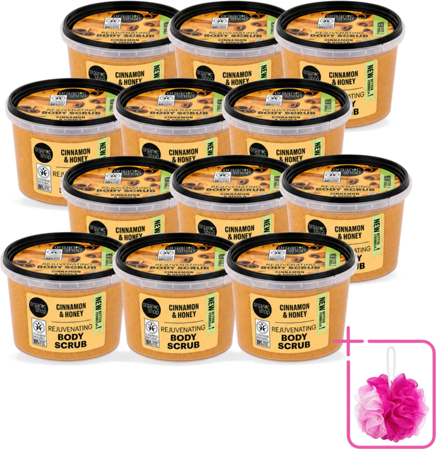 12 x Organic Shop - Rejuvenating Body Scrub Cinnamon - Exfoliërend en Hydraterend - 250 ml - Bulkverpakking - Exfoliatie - Douchemop - Huidvernieuwing