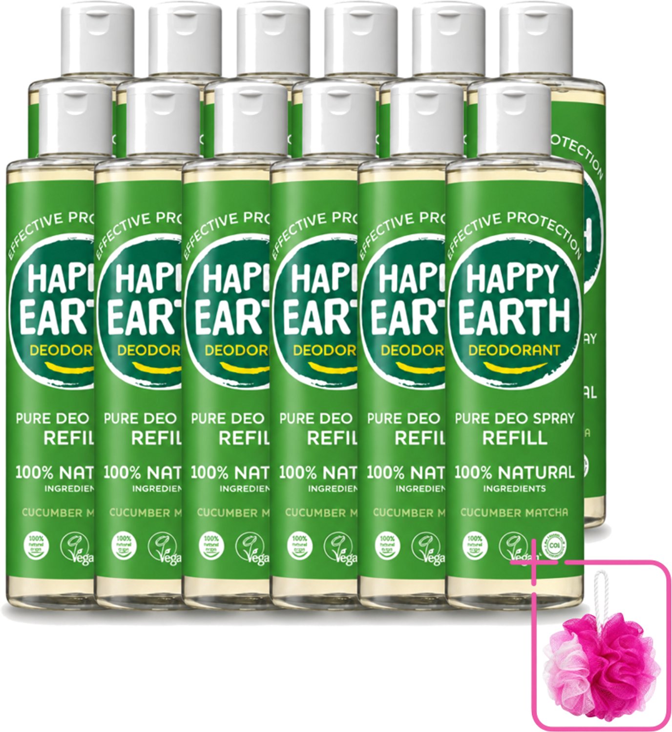 12 x Happy Earth – Deodorant Spray Navulling – 100% Natuurlijk Cucumber Matcha – 300 ml - Bulkverpakking - Deodorant - Frisheid