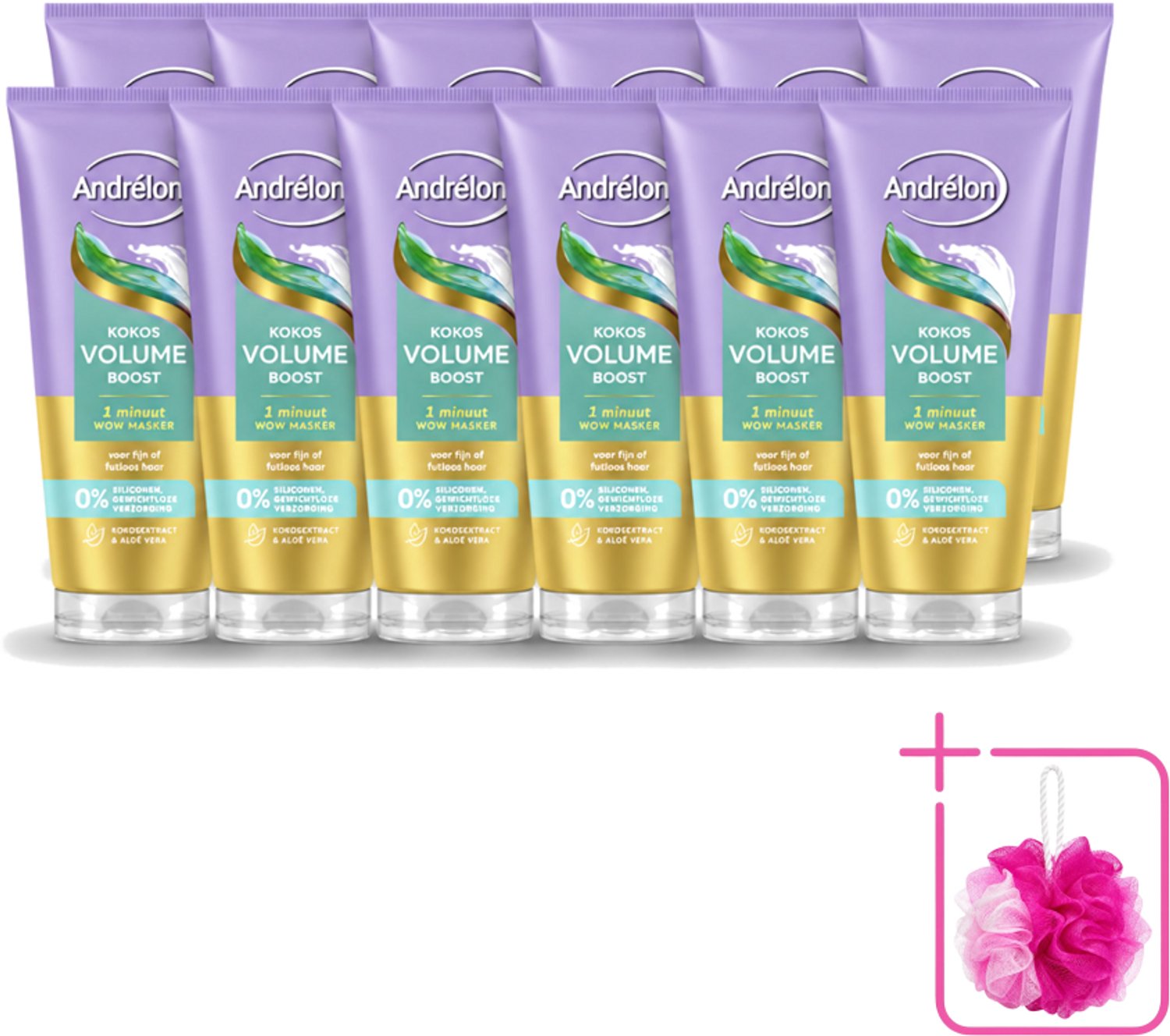 12 x Andrélon – Haarmasker WOW – Kokos Volume Boost – 180 ml - Bulkverpakking - Volume boost haar - Douchemop - Fijn haar verzorging