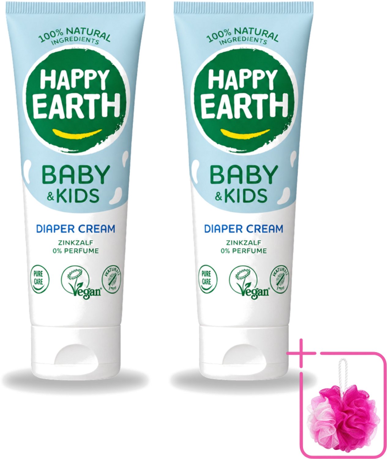 2 x Happy Earth – Diaper Cream – 100% Natuurlijk Baby & Kids – 75 ml - Bulkverpakking - Babybillenbescherming - Douchemop - Luieruitslag voorkomen