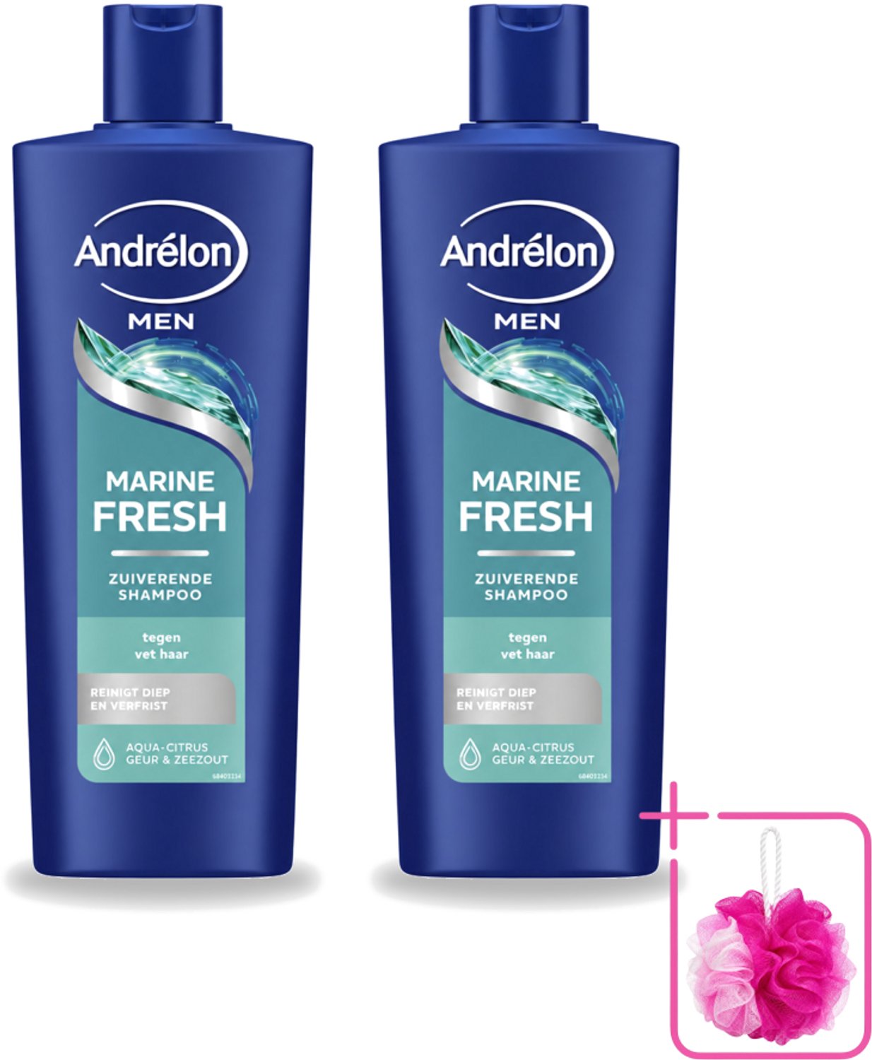 2 x Andrélon – Shampoo – Marine Fresh Men – 400 ml - Bulkverpakking - Mannelijk haar reinigen - Douchemop - Vet haar verwijderen