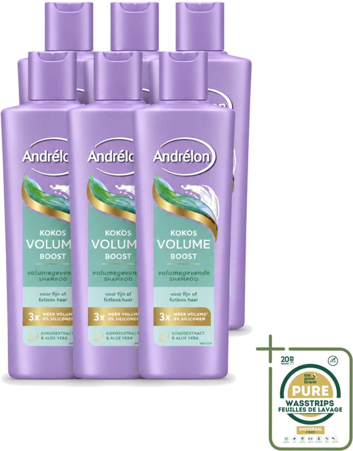 6 x Andrélon – Shampoo – Volume Boost – 250 ml - Wasstrips - Haar Volume - Volume Shampoo - Kokos Shampoo - Aloë Vera Shampoo - Fijn Haar