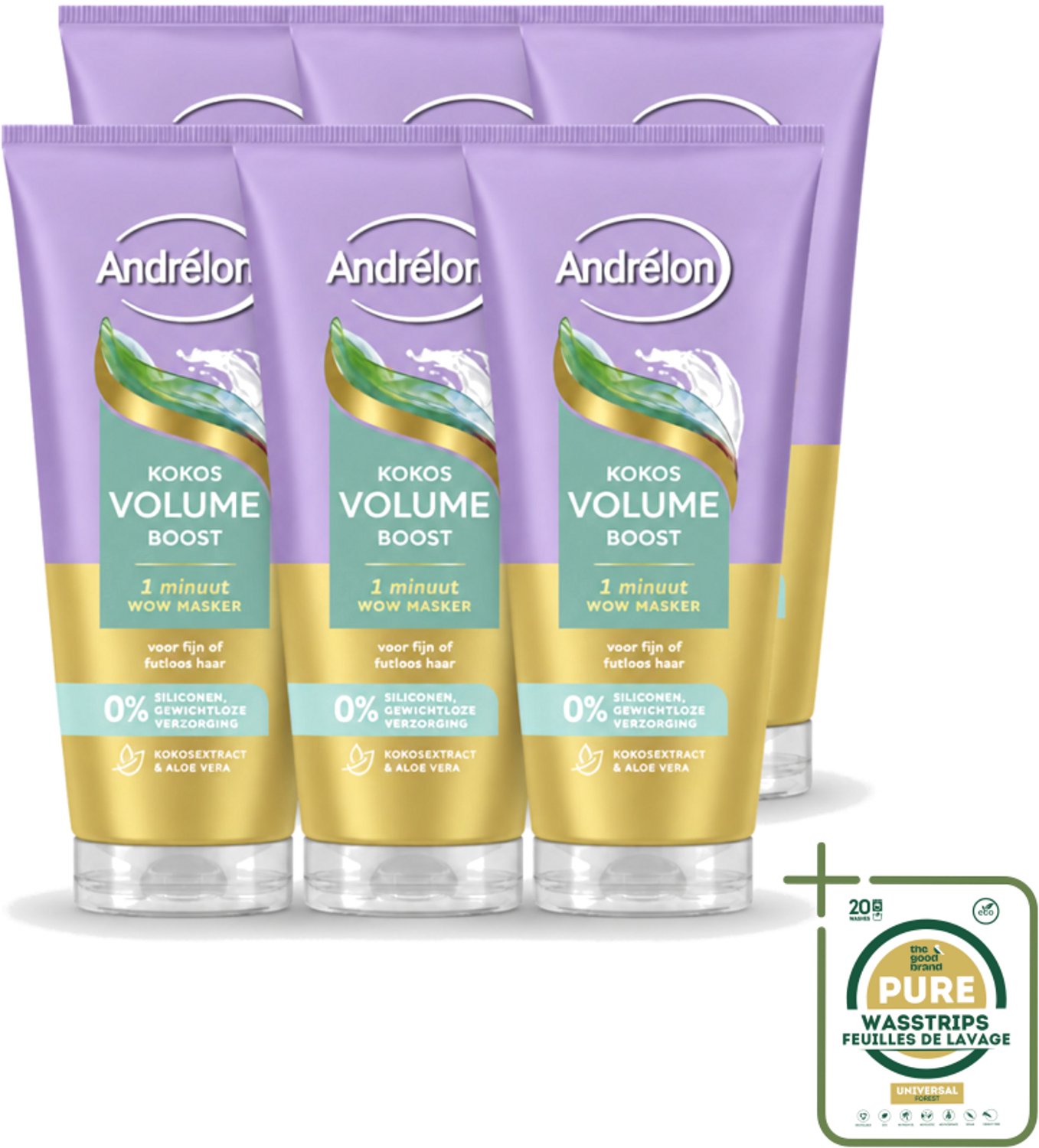 6 x Andrélon – Haarmasker WOW – Kokos Volume Boost – 180 ml - Wasstrips - Haarmasker - Volume - Fijn Haar - Futloos Haar - Luchtig Haar