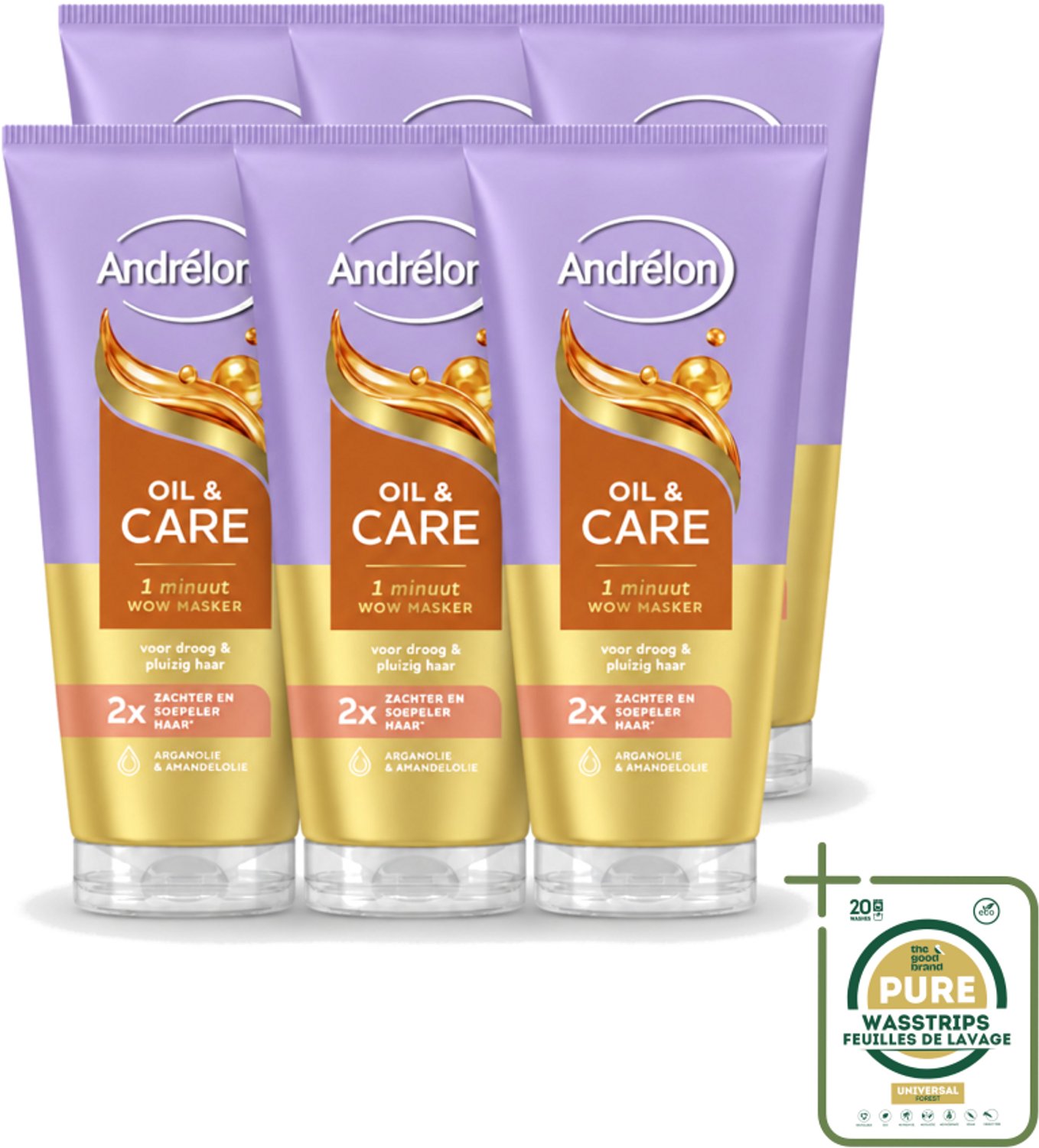 6 x Andrélon – Haarmasker WOW – Oil & Care – 180 ml - Wasstrips - Haarverzorging - Haarmasker - Pluizig Haar - Droog Haar - Arganolie