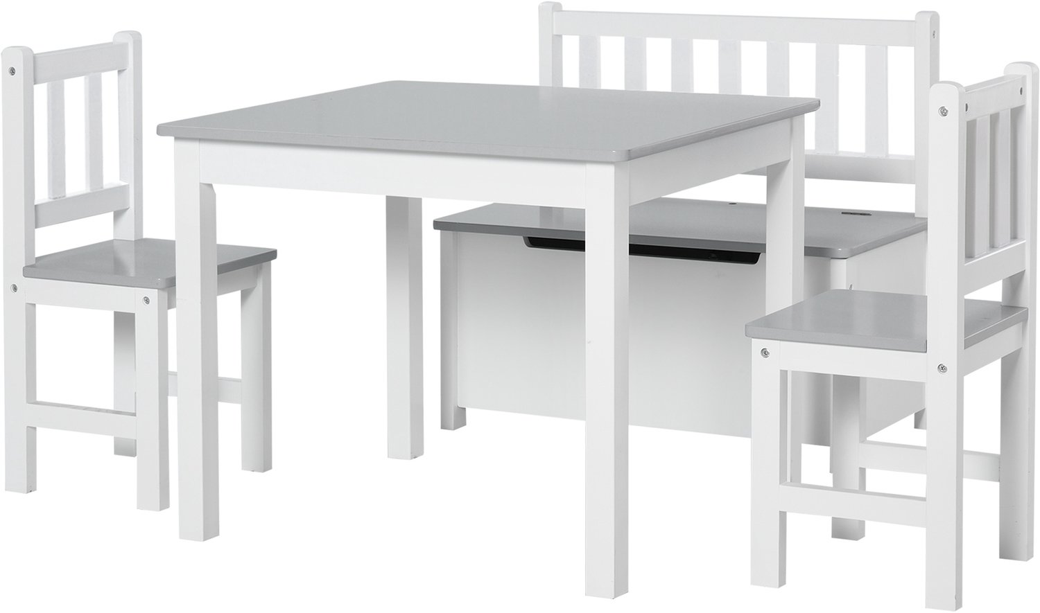 Kinder tafelset met 2 stoelen en opbergkist - geschikt voor kinderkamer - compleet met 2 stoelen - opbergruimte inbegrepen - massief hout - witte en grijze afwerking