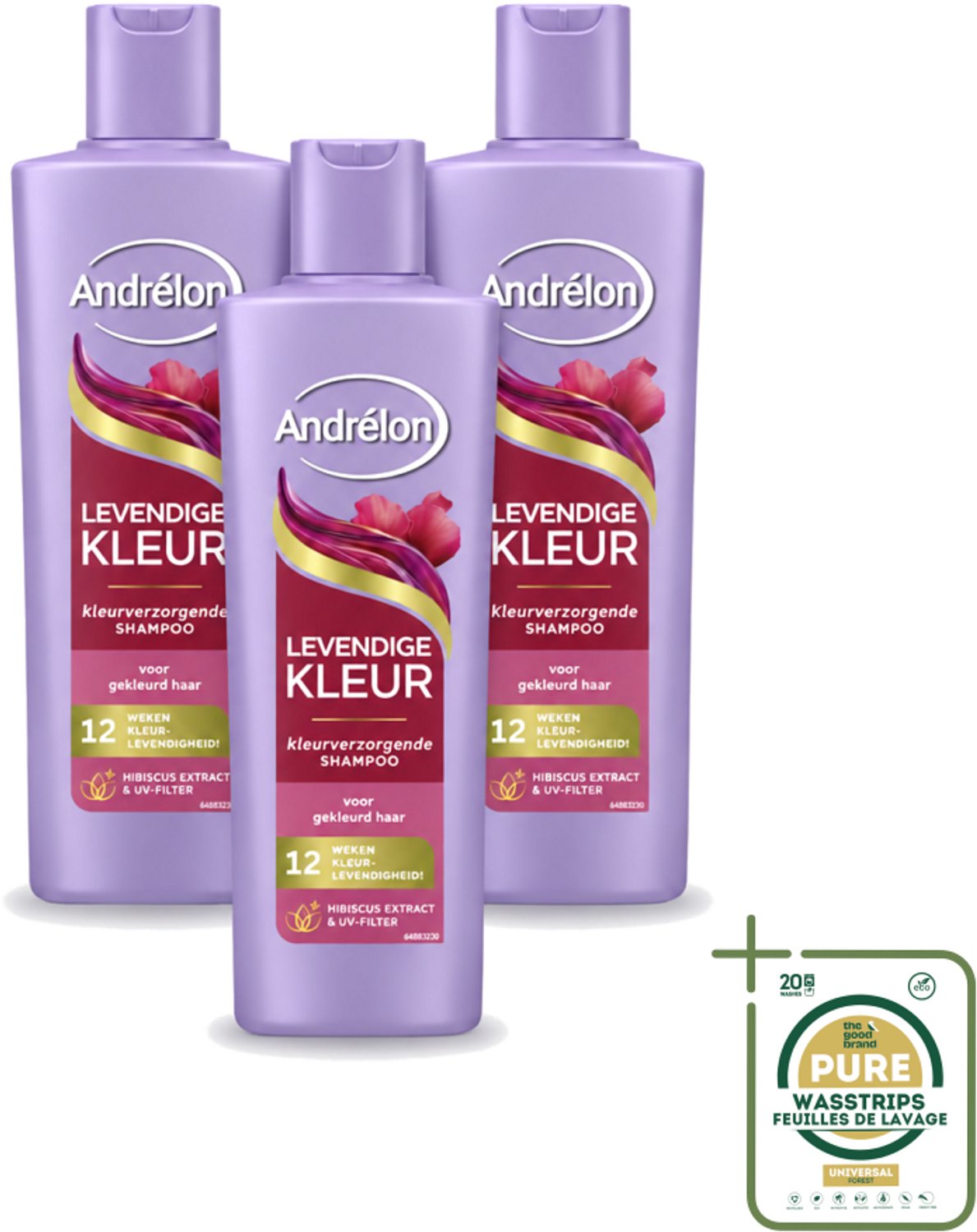 3 x Andrélon – Shampoo – Levendige Kleur – 250 ml - Wasstrips - Kleurbehoud Haar - Haarverzorging - Haarkleur Beschermen - UV-filter Haar - Hibiscus-extract Haar