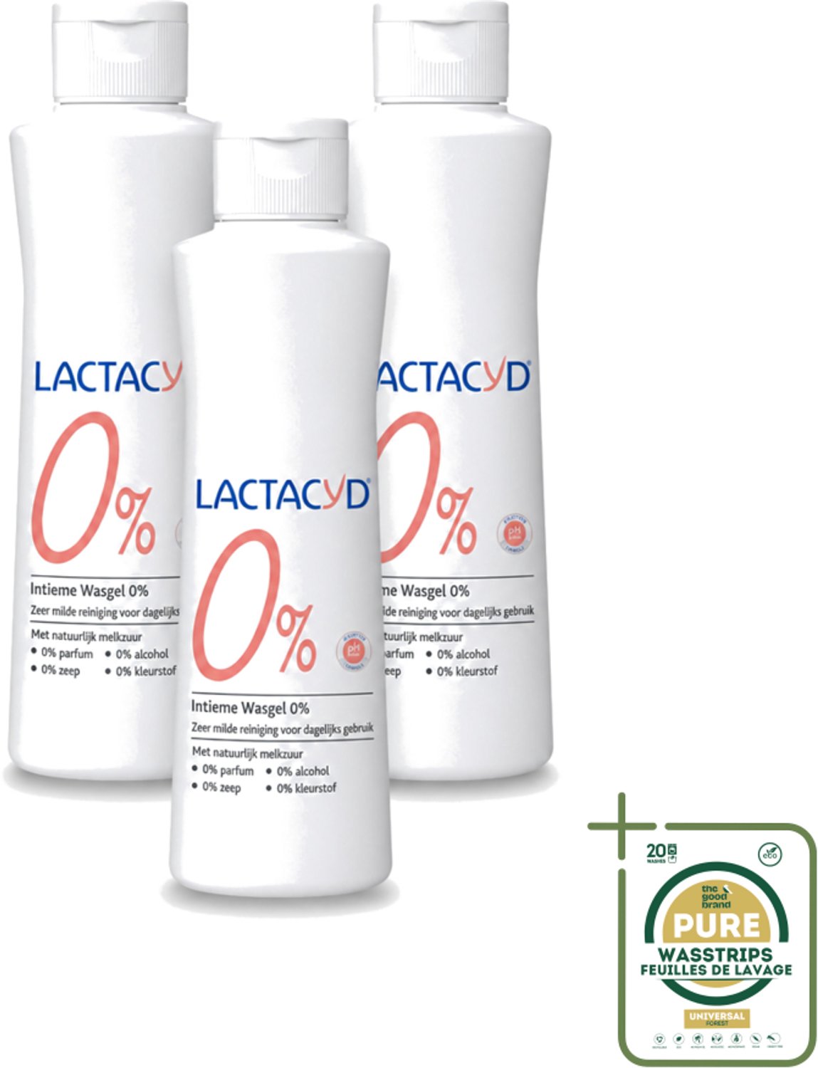 3 x Lactacyd – 0% – Milde Wasgel – 250 ml - Wasstrips - Intieme Wasgel - Gevoelige Huid - PH-vriendelijk - Zeepvrij - 0% Parfum