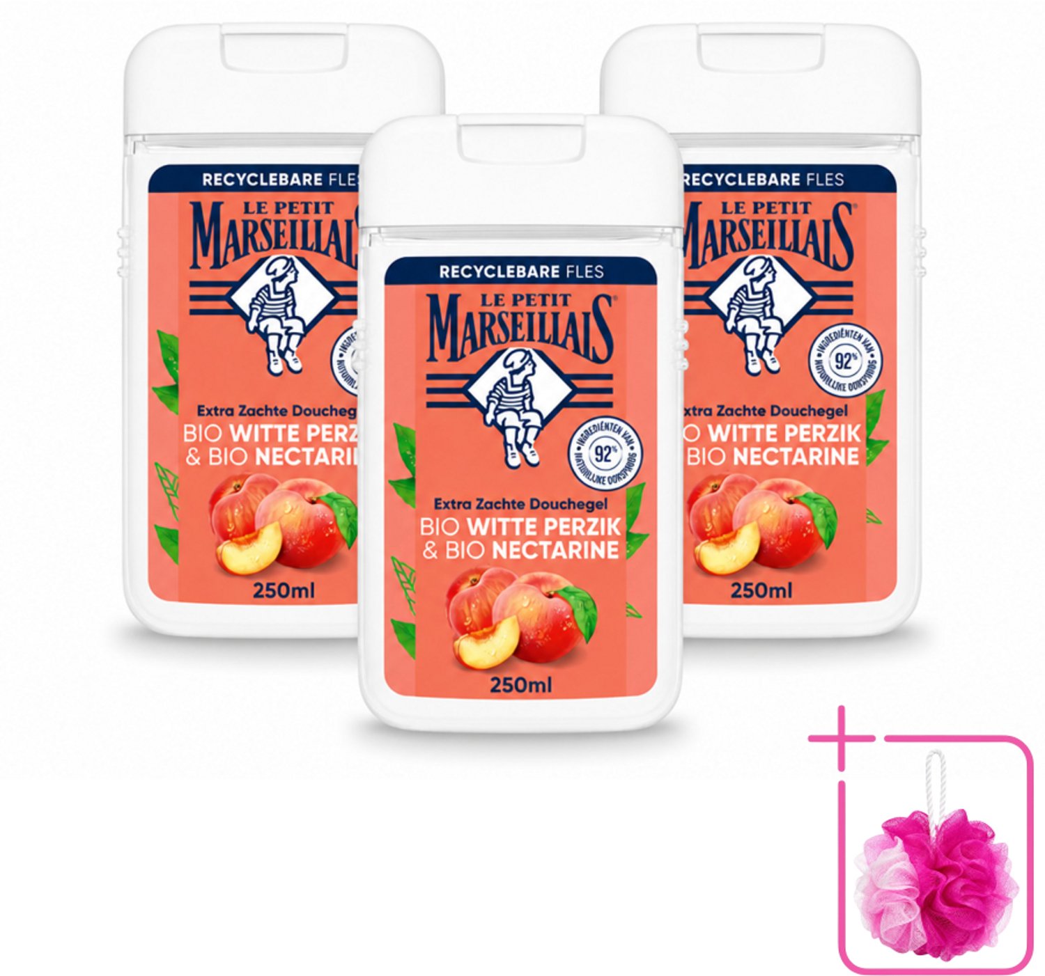 3 x Le Petit Marseillais – Douchegel – Bio Perzik & Nectarine – Verfrissend – 250 ml - Bulkverpakking - Douchegel bio perzik en nectarine - Douchemop - Frisse douchegel