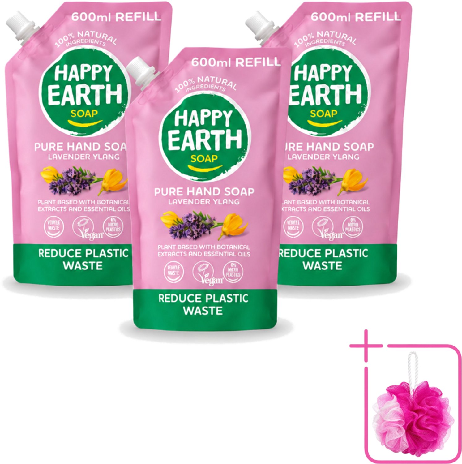 3 x Happy Earth – Handzeep Navulling – 100% Natuurlijk Lavender Ylang – 600 ml - Bulkverpakking - Natuurlijke handzeep - Douchemop - Navulverpakking