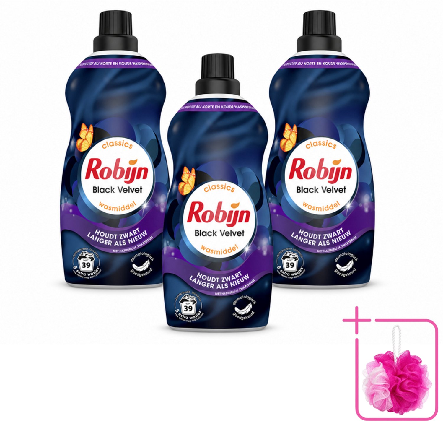 3 x Robijn – Vloeibaar Wasmiddel – Klein & Krachtig Black Velvet – 1,19 L - Bulkverpakking - Zwarte was - Douchemop - Donker was