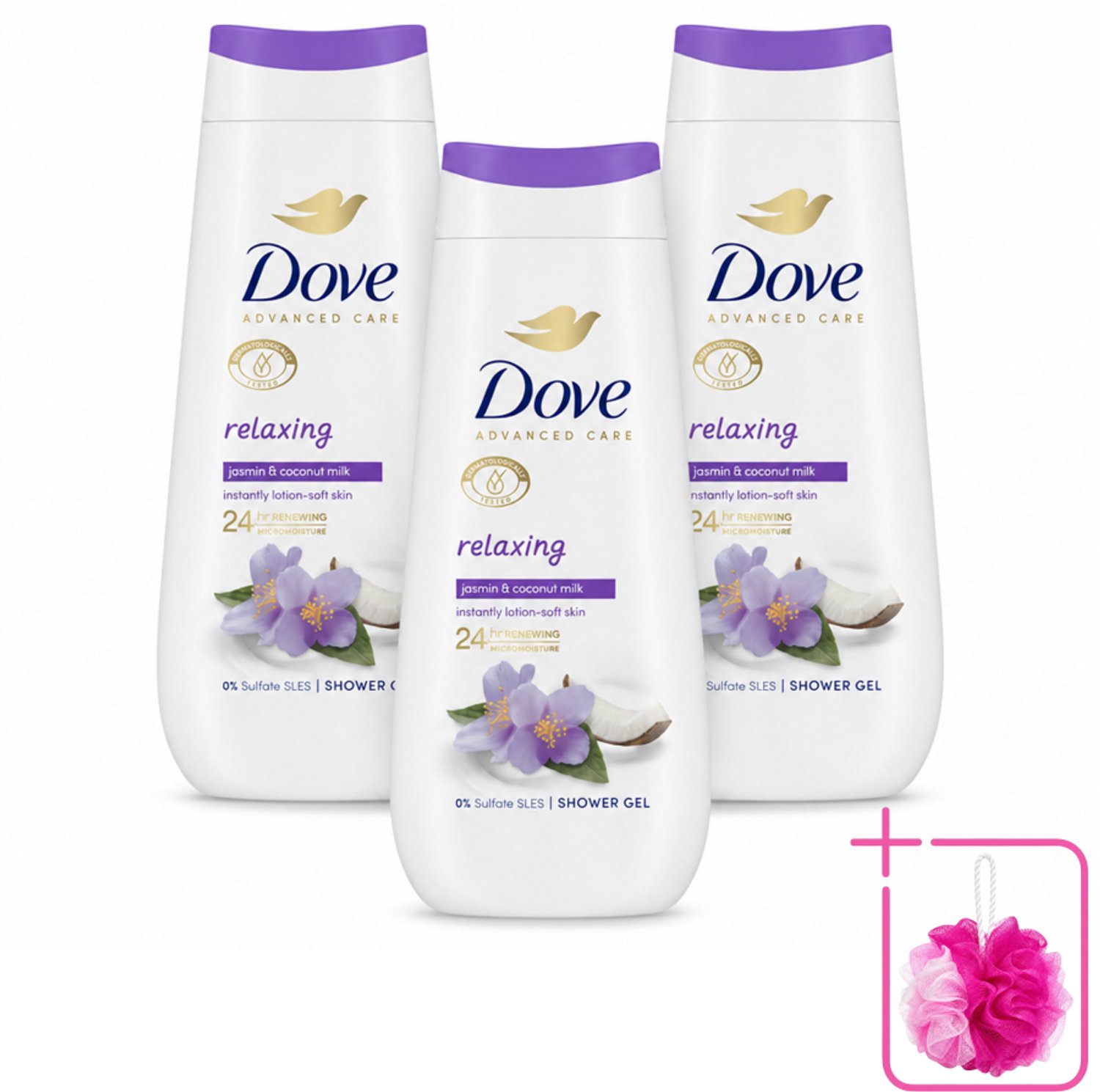 3 x Dove Douchecrème - Relaxing - Kokos & Jasmijn - 225 ml - Bulkverpakking - Douchegel - Douchemop - Ontspannen douche