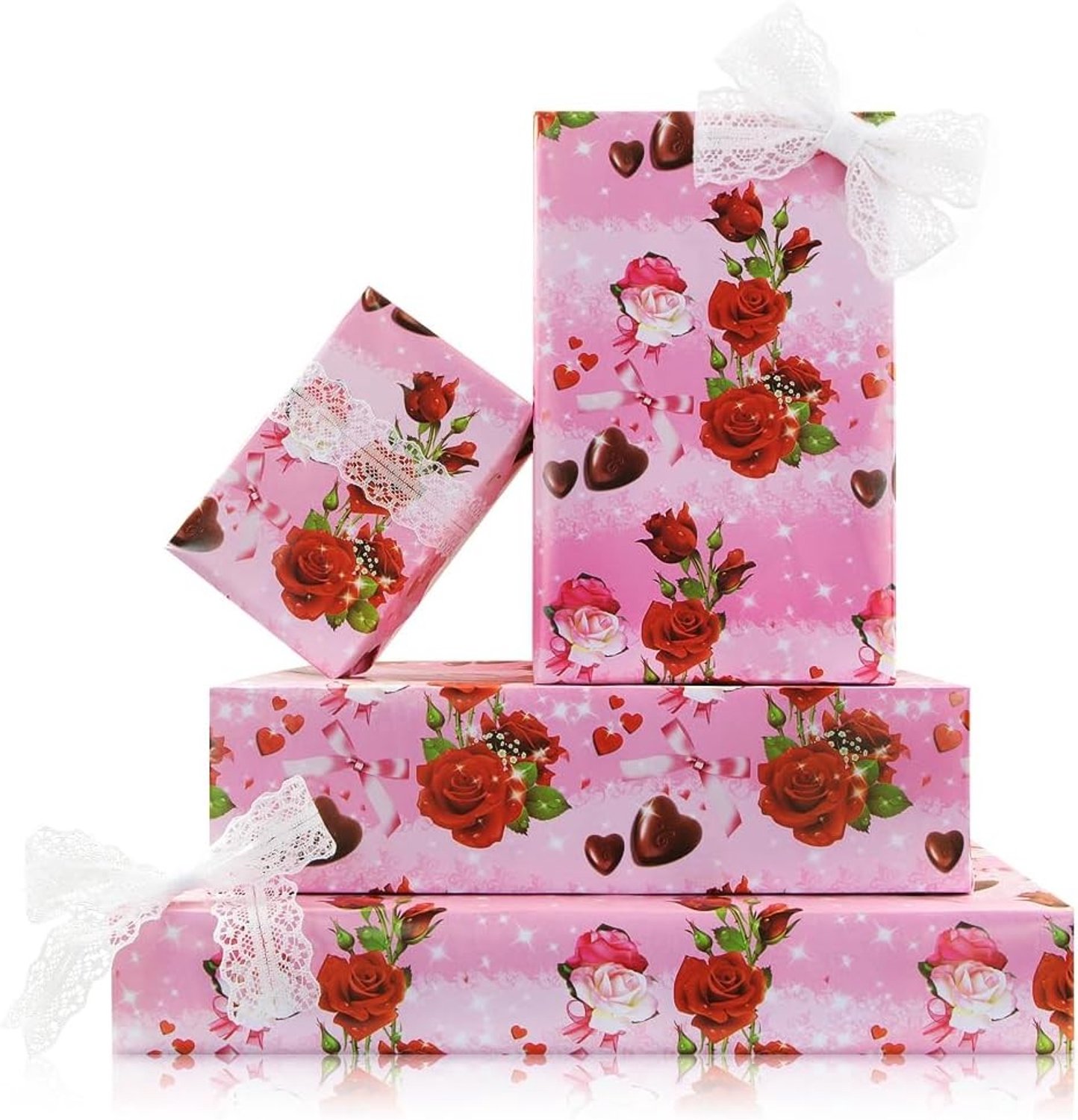 Romantisch inpakpapier met rode rozen en chocolade bloemen voor Valentijnsdag, huwelijkscadeaus en verjaardagen - 4 gevouwen vellen met lint voor Moederdag en bruidsdouche