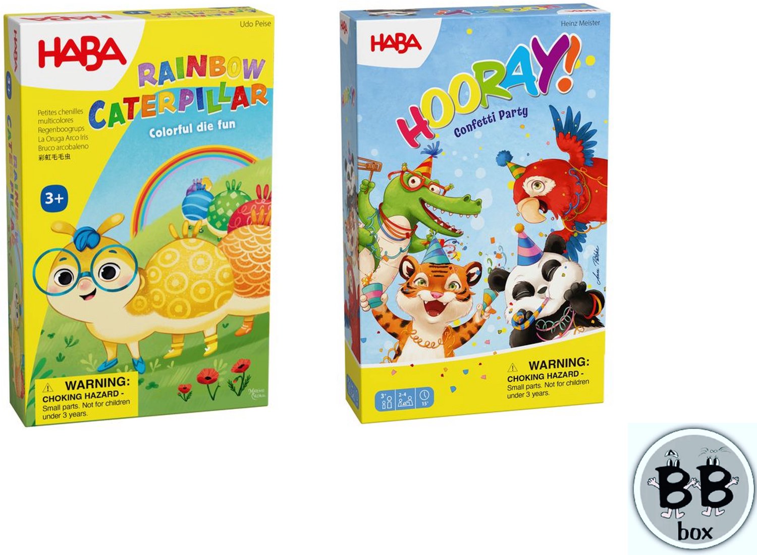 Haba Set van 2 spellen vanaf 3 jaar - Regenboogrups & Hoera, het regent confetti!