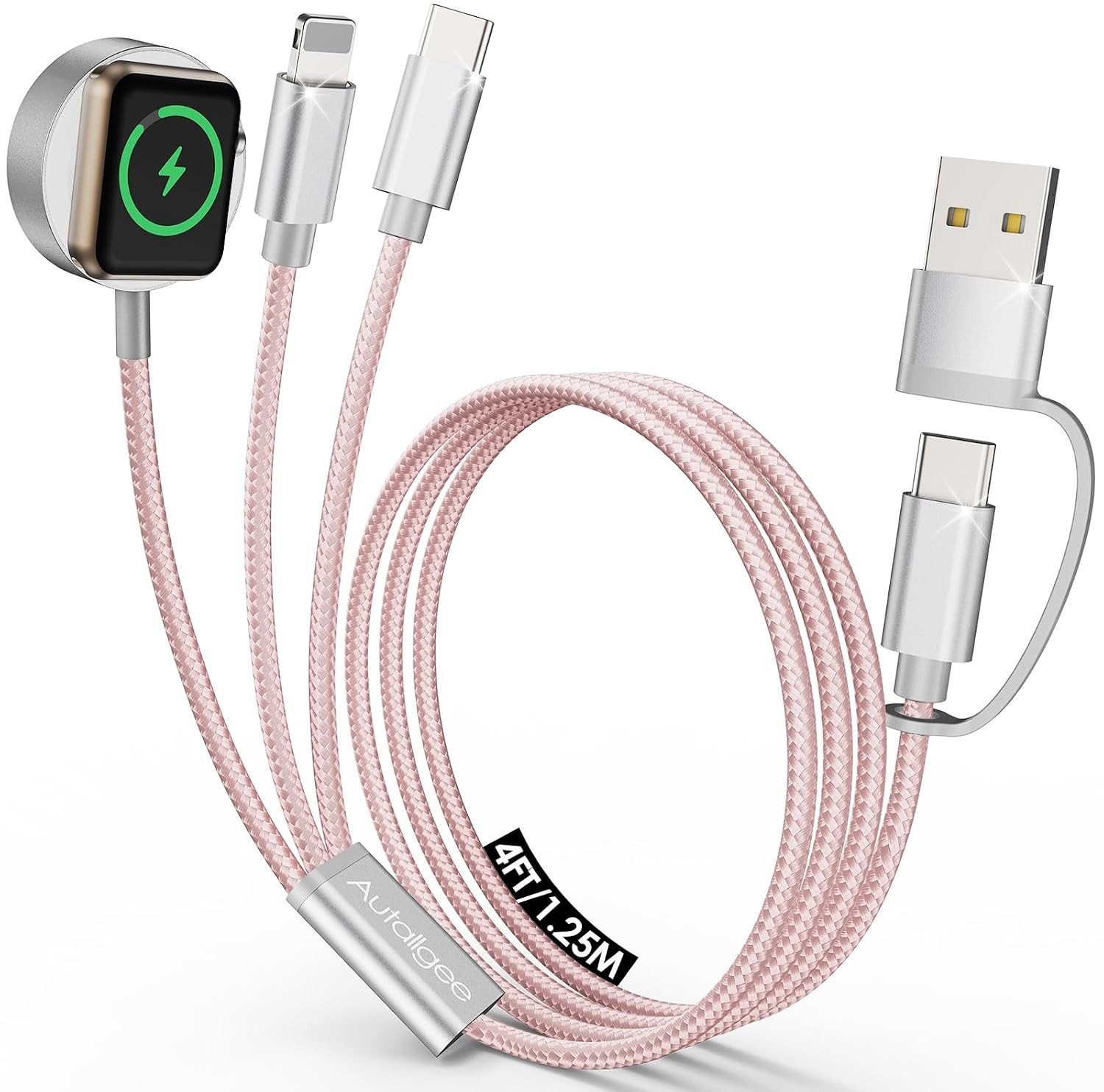 Multi Charging Kabel voor Apple Watch en iPhone - Roze Reisbenodigdheden met Snelladen en Duurzaamheid