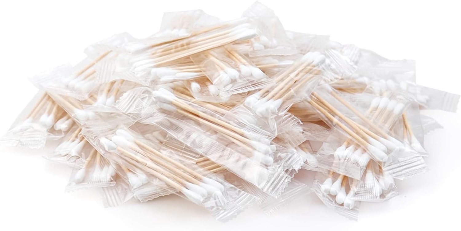 Set van 500 wattenstaafjes, individueel verpakt wattenstaafje, individueel verpakte houten stokjes met dubbele punt voor oor, make-up (4 stuks per zak, 500 zakken, dubbel rond uiteinde)