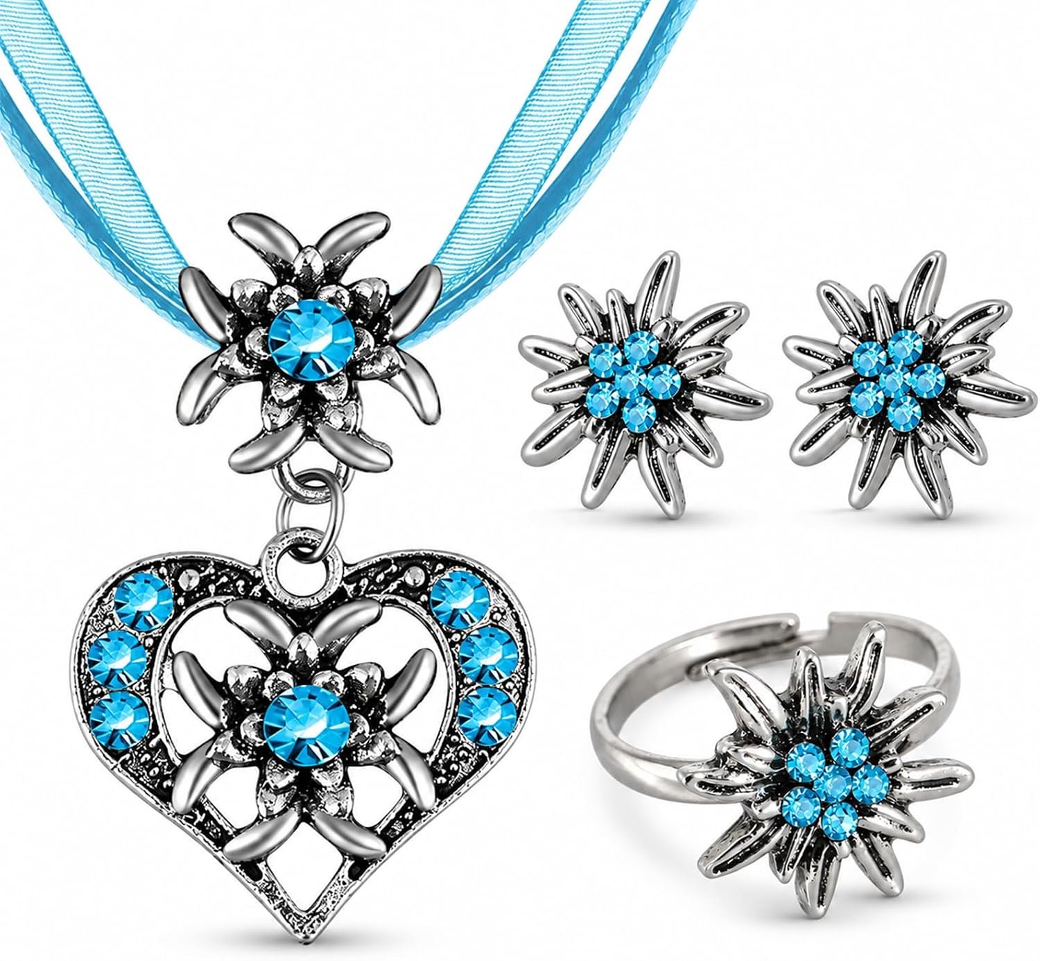 Set van 4 klederdrachtsieraden voor dames, Beierse dirndlsieraden, klederdrachtketting met strass, edelweiss-hartvormige hanger en oorstekers, ring voor dames, bierfeest, klederdracht, dirndl