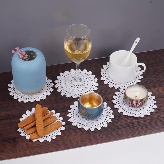6 stuks 10 cm katoenen kleedjes, kleine vintage stoffen kanten placemats, gehaakte mandala-ronde onderzetters, handgemaakte wagenwielstijl doilies voor ambachten, wit — afbeelding 2