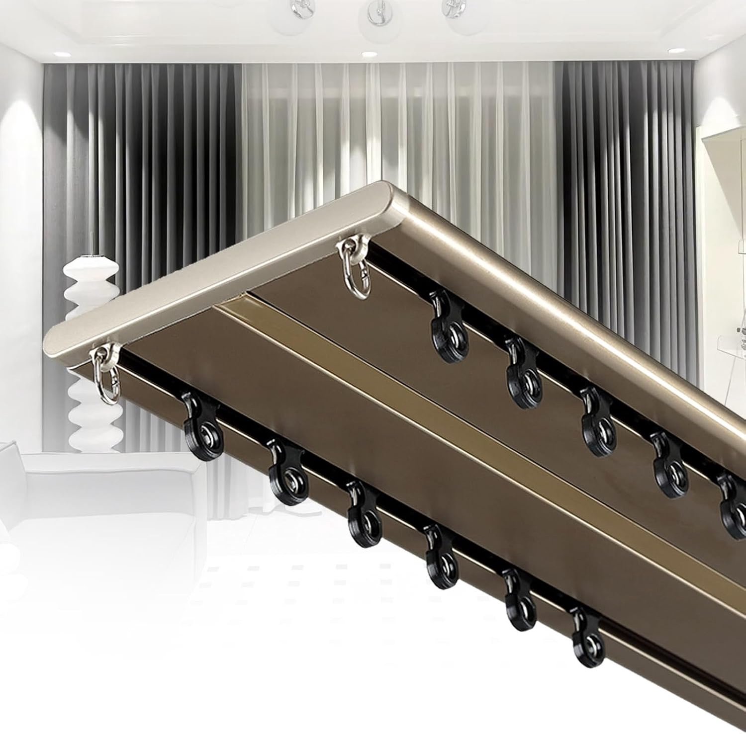 Ultradunne 2-rijstroken dubbele gordijnrail aluminium gordijnrail voor woonkamer en slaapkamer plafondgemonteerde champagnekleur 120 cm lichtgewicht en ontwerp
