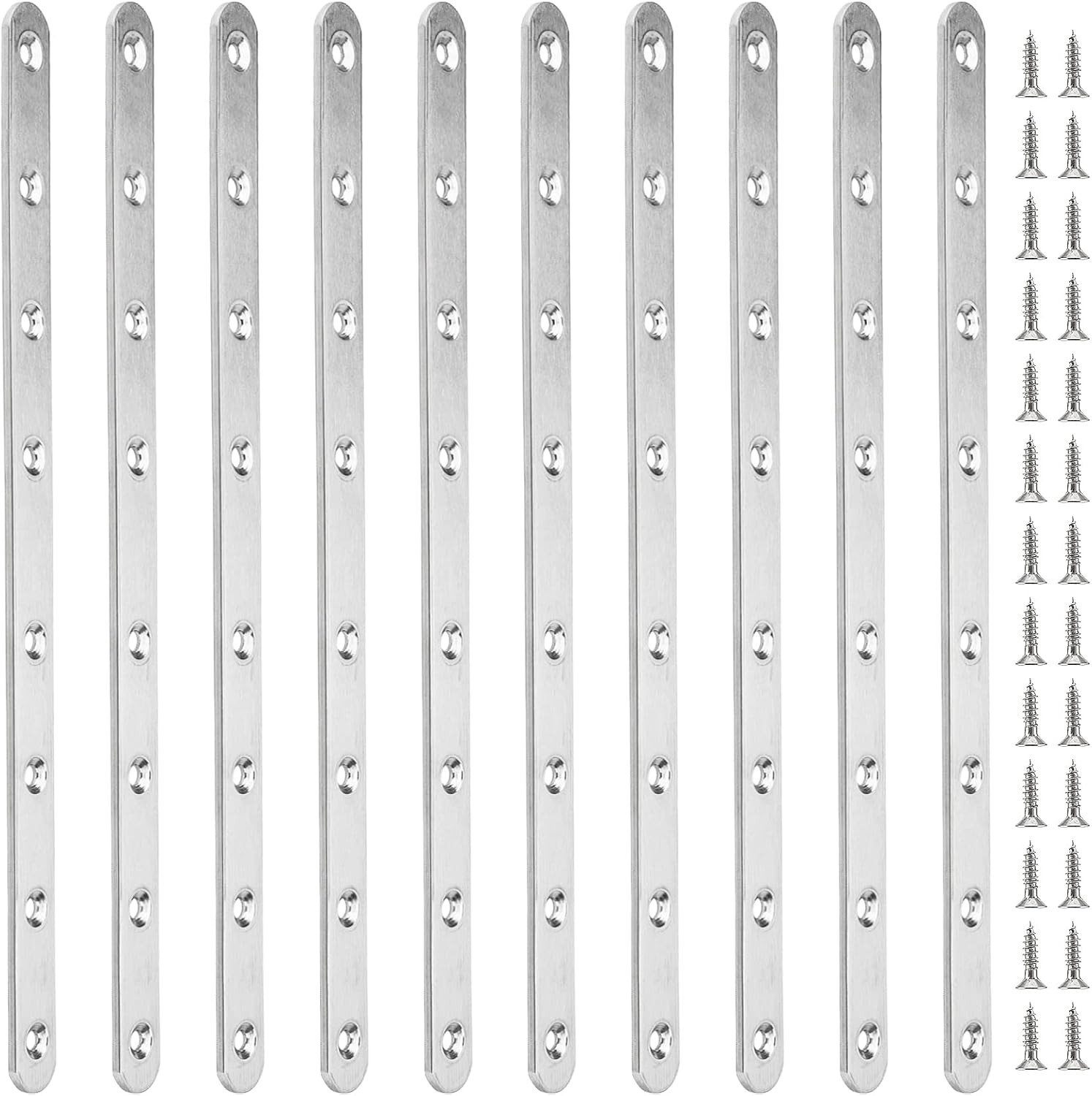 Set van 10 RVS Montagebeugels, Rechte Plank Hoek 29 x 2 cm, Inclusief 80 Schroeven voor Houten Meubels en Stabiele Bevestiging