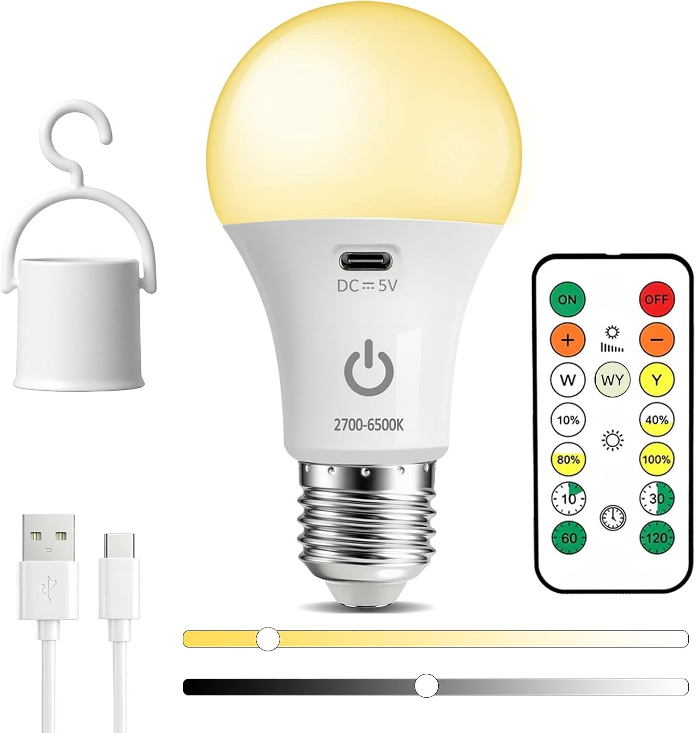 Oplaadbare LED Lamp met Afstandsbediening, Dimbaar in 3 Kleuren, Timerfunctie en Batterij voor Buiten en Kamperen