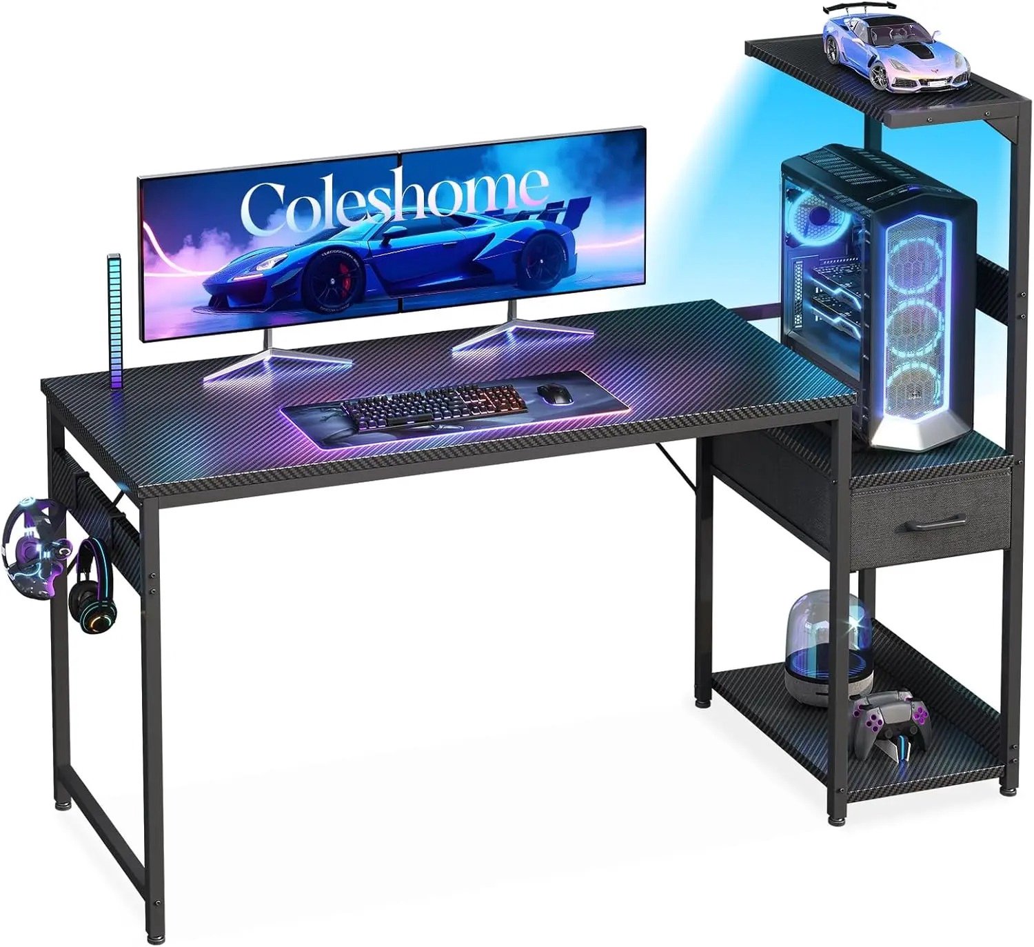 Heidat game bureau - L-vormig gaming tafel - Led verlichting - 10 kleuren - Carbon fiber black - Laden en opbergruimte - 138 x 48 cm