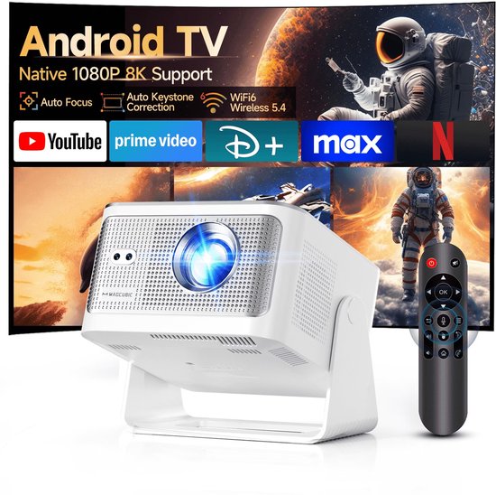 Witte Magcubic projector met afstandsbediening, Android TV, 1080P Native 8K Support, Auto Focus, Keystone Correction, WiFi 6 & Bluetooth 5.4.