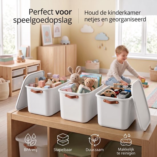 INDECOR Stapelbare Speelgoedbox met Handgrepen – 20 L Opbergbox Set van 3 met Deksel – Opbergdoos voor Bouwblokjes en Bouw - lego opbergbox grootstenen – Wit — afbeelding 3