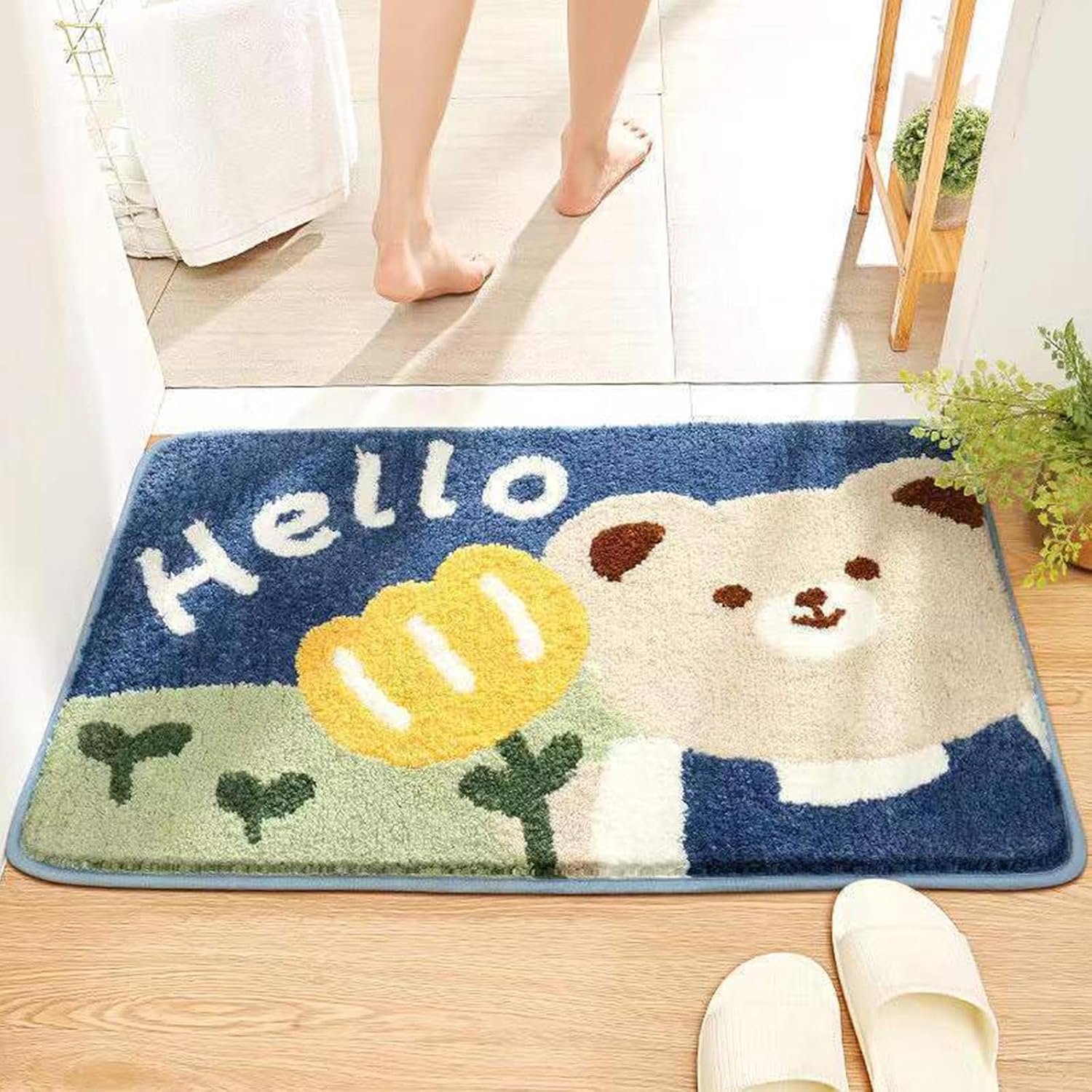 Antislip badmat met absorberend vermogen en schattige afbeeldingen van konijntjes en puppy's.