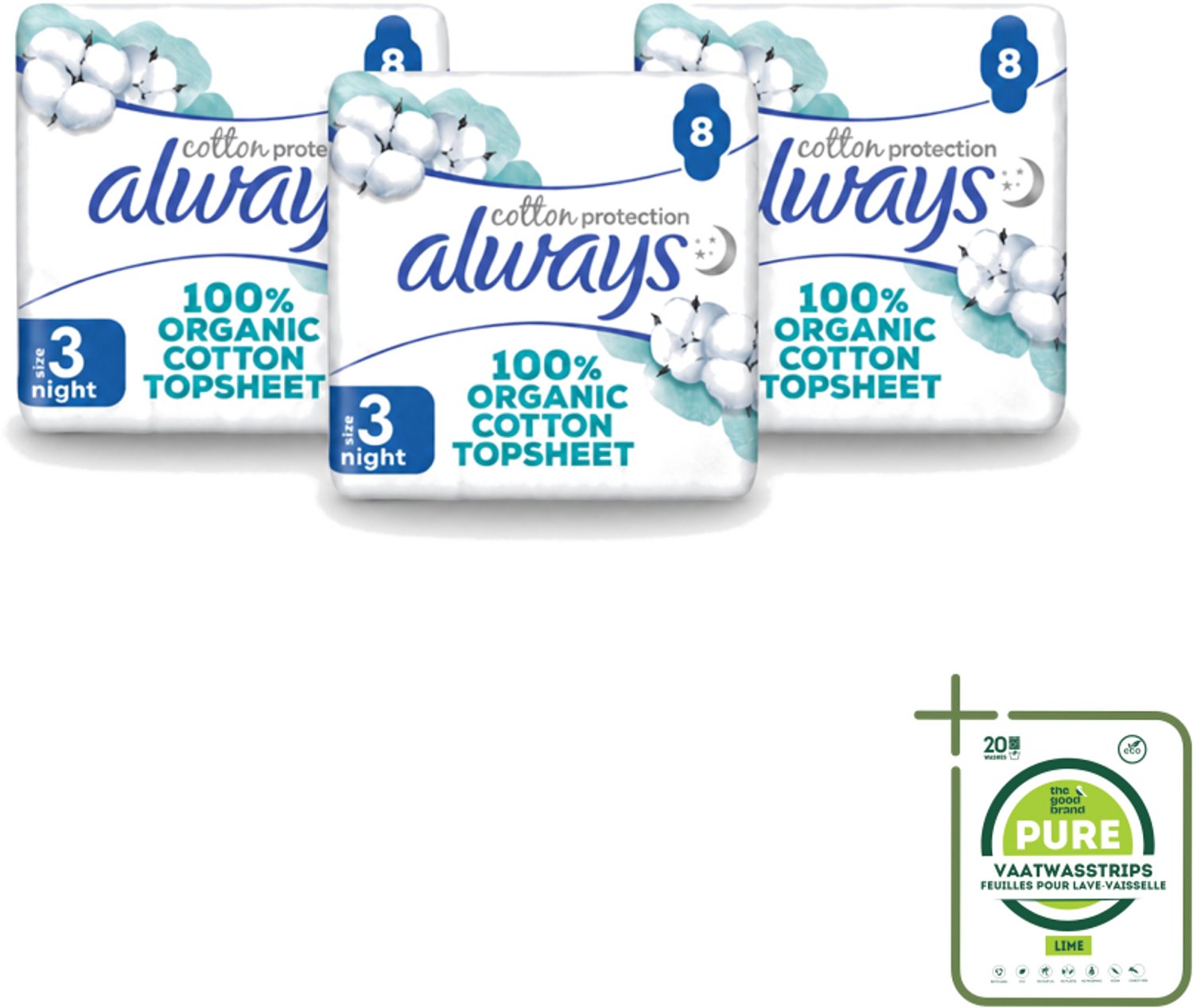 3 x Always - Maandverband - Night - Cotton Protection - Met Vleugels - 8 Maandverband - Grootverpakking - Nachtbescherming - Maandverband - Biologisch Katoen - Nachtmaandverband - Vleugels