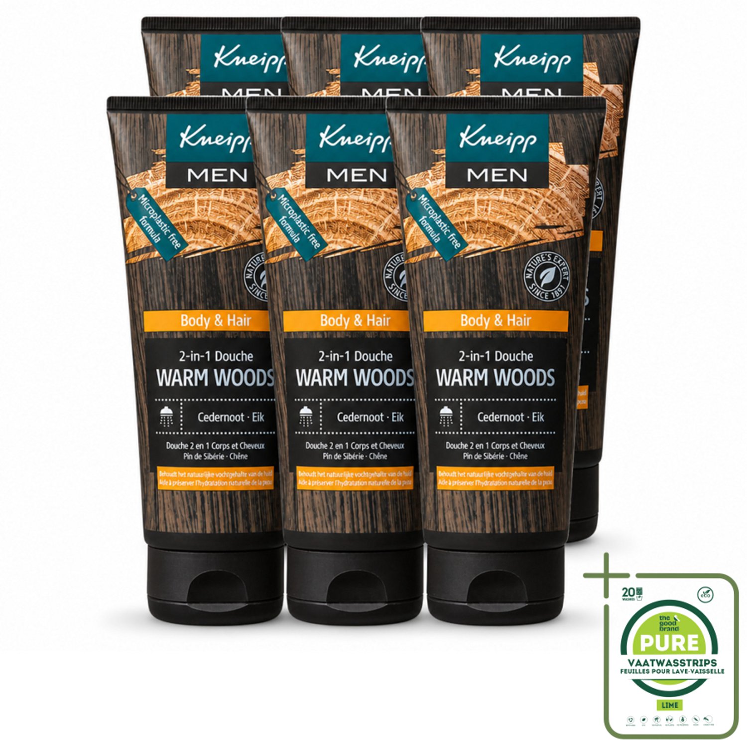 6 x Kneipp - Douchegel - Men - Warm Woods - 2-in-1 - 200 ml - Grootverpakking - Vaatwasstrips - Douchegel Voor Mannen - Natuurlijke Verzorging - Houtige Geur - Huid Verzorging - Haar Verzorging