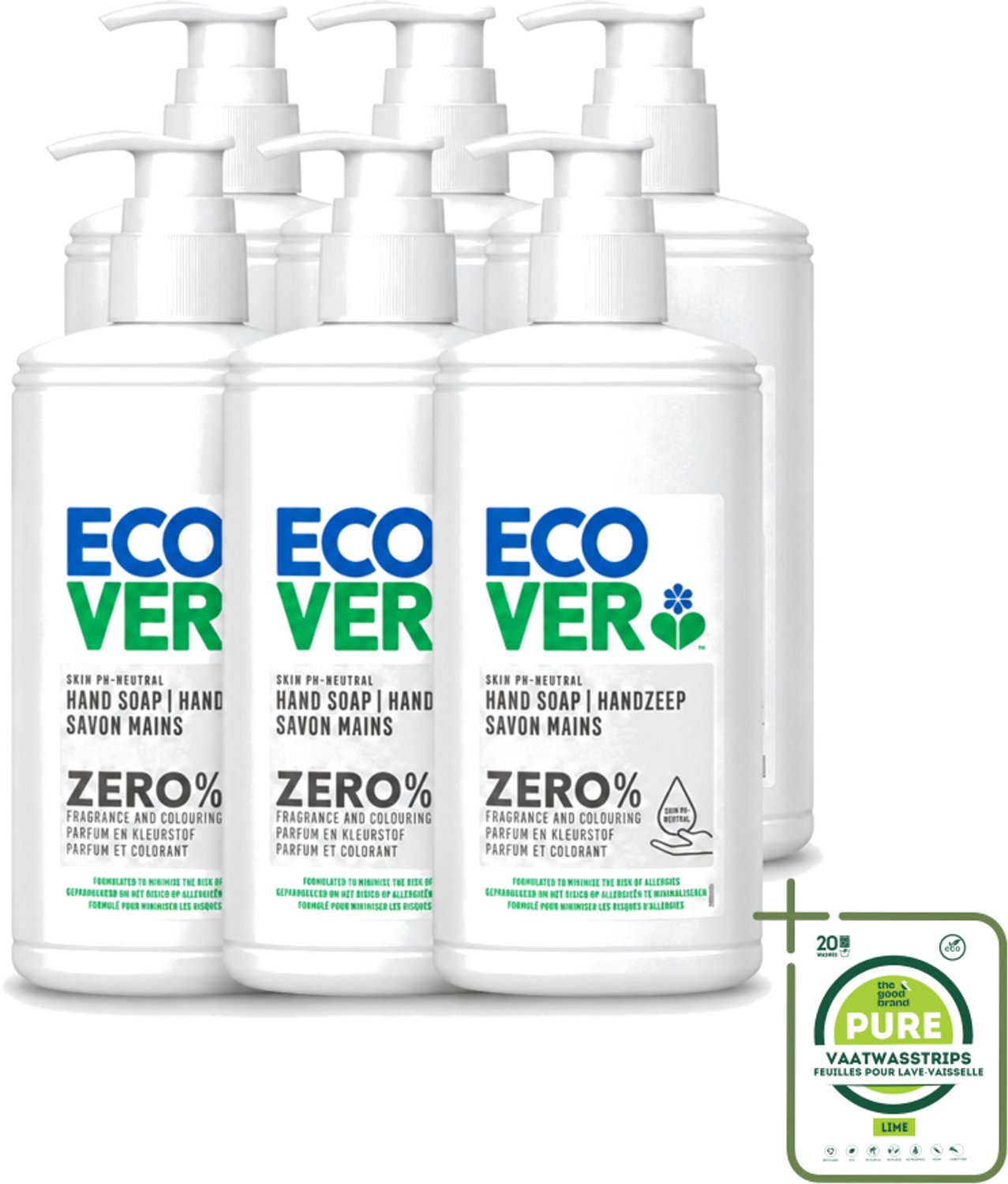 6 x Ecover - Handzeep ZERO - Parfumvrij - 250 ml - Grootverpakking - Vaatwasstrips - Handzeep - Parfumvrije Handzeep - Hypoallergene Handzeep - Gevoelige Huid - Eczeem