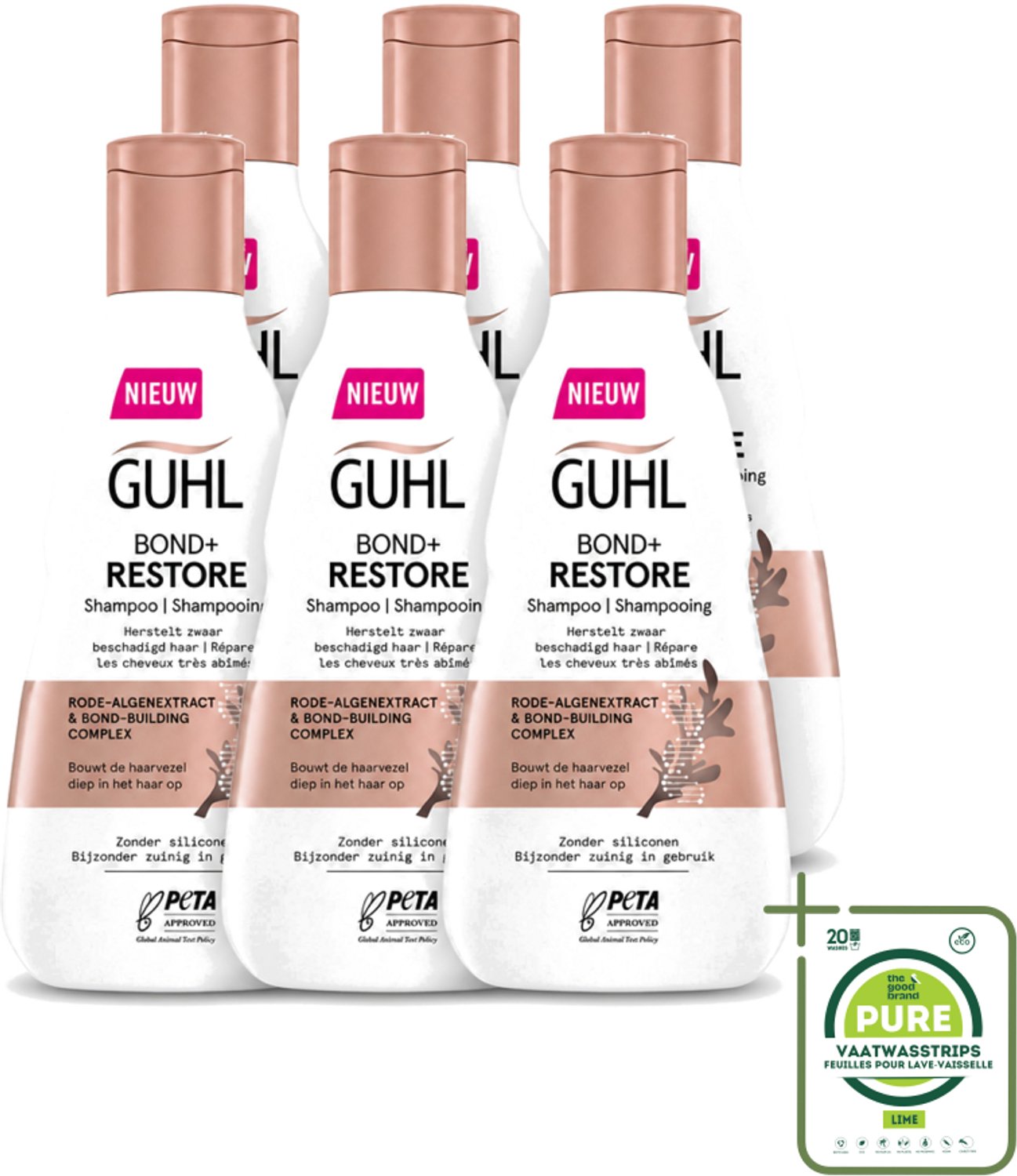 6 x Guhl - Shampoo - Bond+ Restore - 250 ml - Grootverpakking - Vaatwasstrips - Herstel Haar - Beschadigd Haar - Zwaar Beschadigd Haar - Haar Herstellen - Haar Versterken