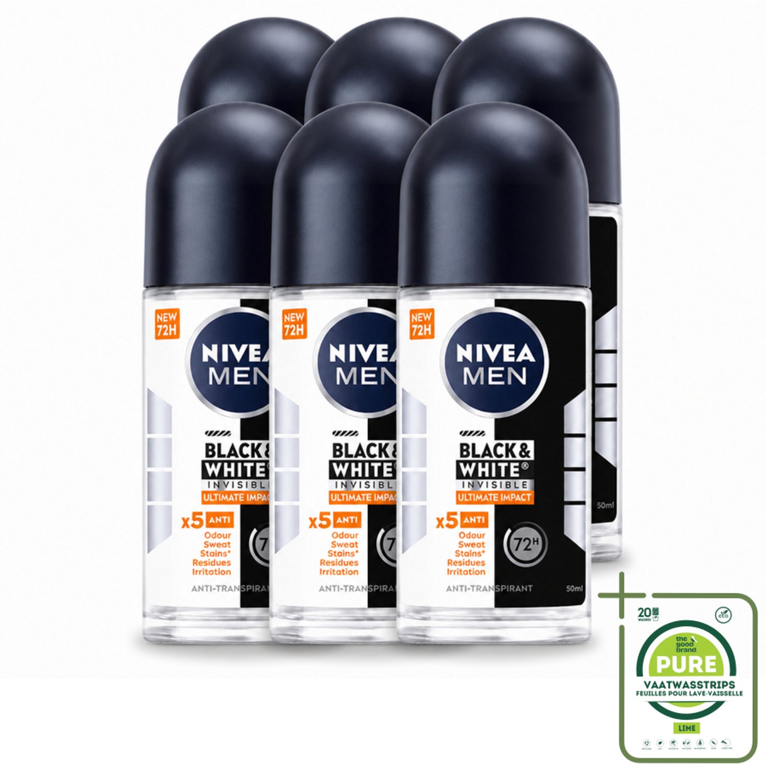 6 x NIVEA MEN - Deodorant Roller - Black & White Ultimate Impact - 50 ml - Grootverpakking - Deodorant - Zweetbestendig - Anti-vlekken - Kledingbescherming - Huidbescherming