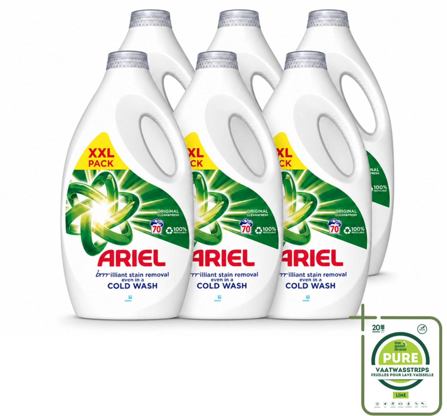 6 x Ariel - Wasmiddel - Original - 70 Wasbeurten - 2,45 liter - Grootverpakking - Vaatwasstrips - Wasmiddel - Wasbeurt - Vlekverwijdering - Frisheid - Wasresultaat
