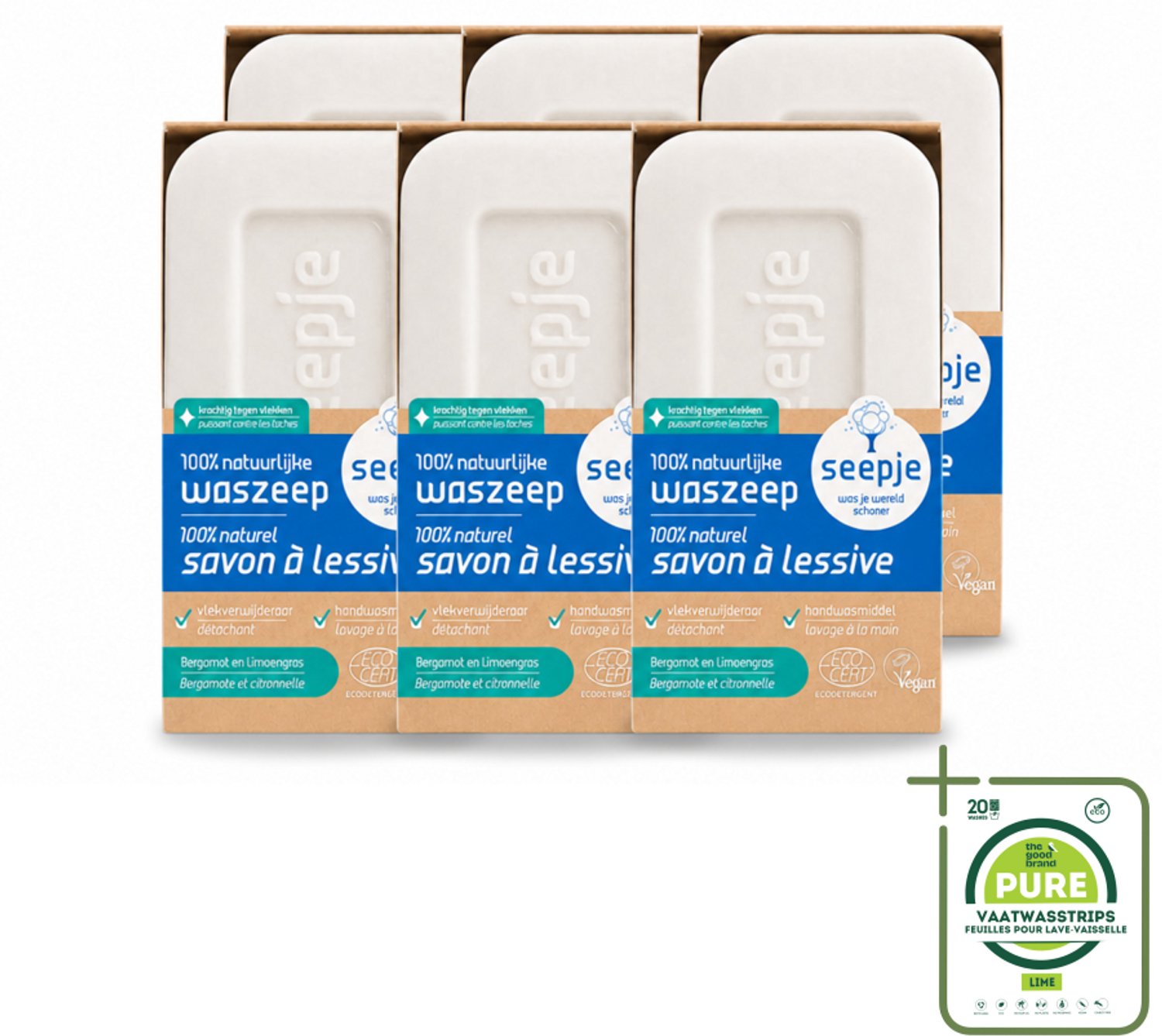 6 x Seepje - Waszeep - Handgemaakt & Natuurlijke Ingrediënten - Blok - 120 gr - Grootverpakking - Vaatwasstrips - Natuurlijke Wasmiddelen - Zeepblok - Vlekverwijderaar - Vegan Wasmiddel - Plasticvrije Verpakking