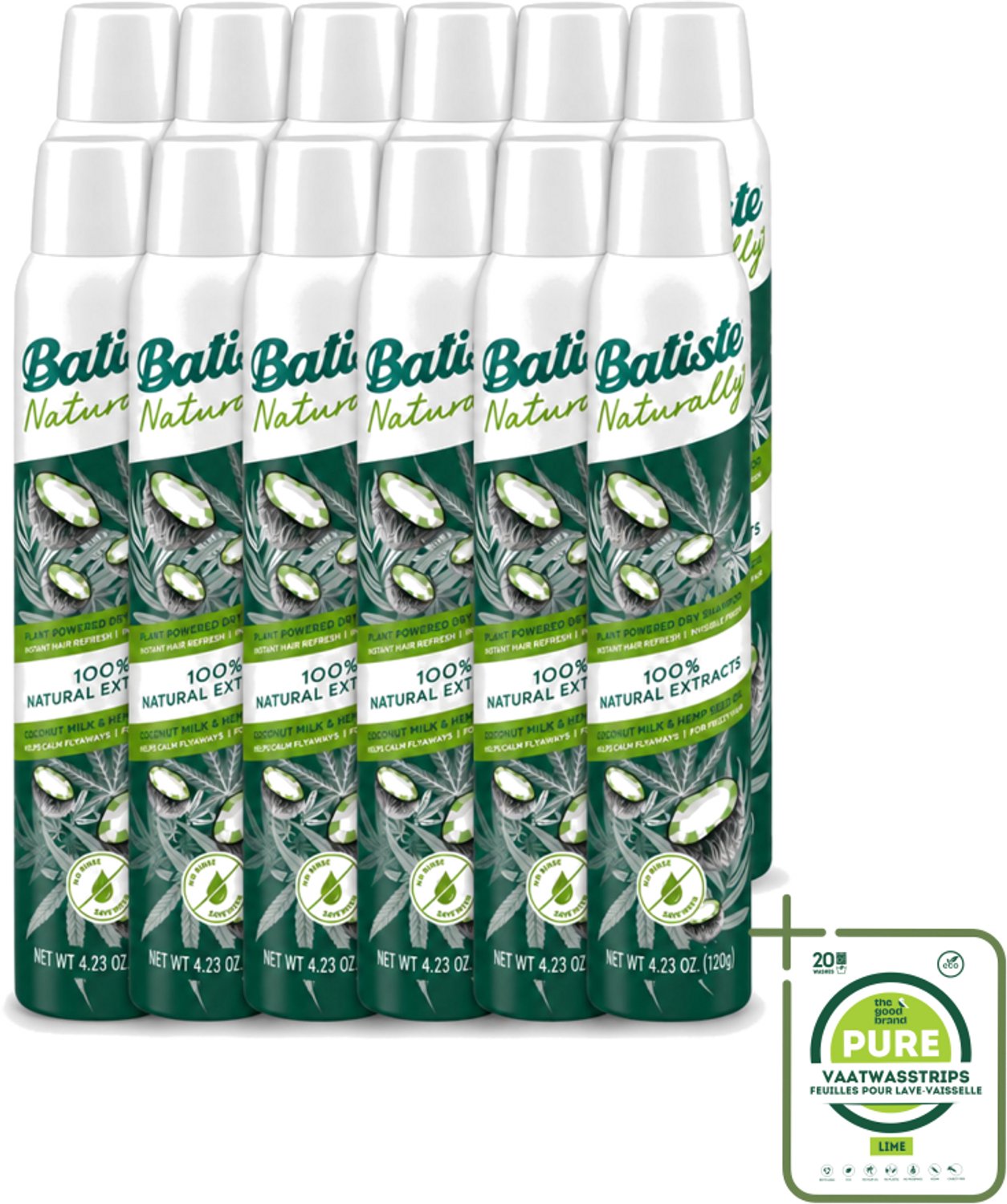 12 x Batiste - Naturally Coconut Milk & Hemp Seed Oil - Droogshampoo - Anti-Pluis en Verfrist - 100% Natuurlijk - 200ml - Grootverpakking - Vaatwasstrips - Natuurlijk Haarverzorging - Droogshampoo - Pluisvrij Haar - Kokosmelk - Hennepzaadolie