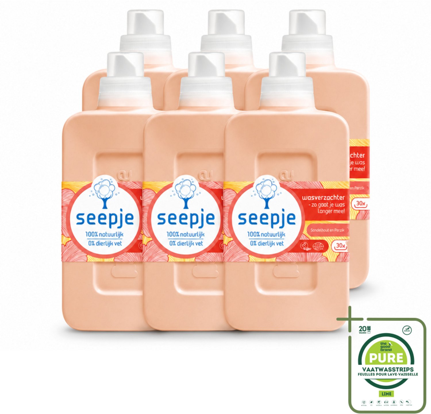 6 x Seepje - Wasverzachter - Verzorgt en Verfrist - Sandelhout en Perzik - 30 Wasbeurten - 750 ml - Grootverpakking - Wasverzachter - Natuurlijke Wasverzachter - Sandelhout En Perzik - Wasverzachter Voor Kleding - Wasverzachter Voor Beddengoed
