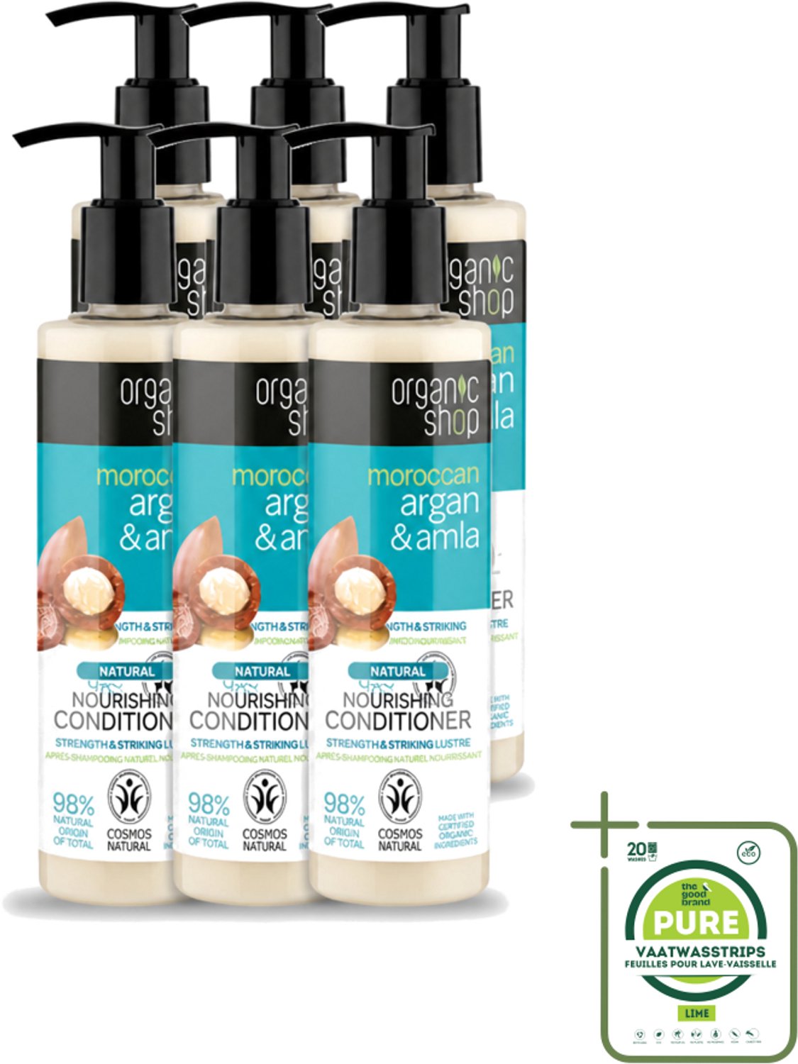 6 x Organic Shop - Conditioner Argan & Amla - Hydraterend en Verzorgend - 280 ml - Grootverpakking - Vaatwasstrips - Gekleurd Haar - Glans - Voeding - Natuurlijke Kleur - Haar Verzorging