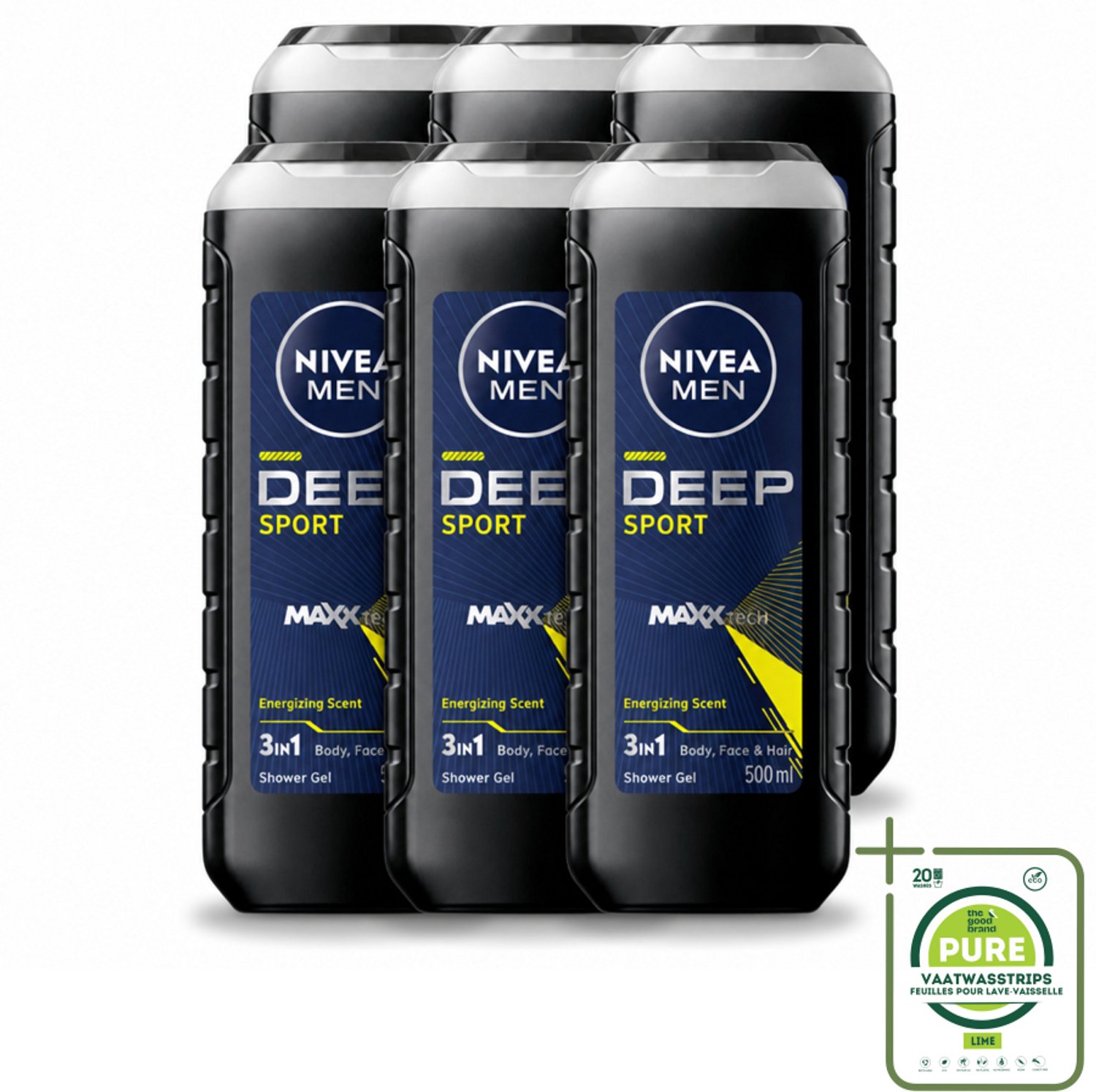6 x NIVEA MEN - Douchegel - Deep Sport - 500 ml - Grootverpakking - Vaatwasstrips - Sportdouchegel - Mannelijke Douchegel - Diepe Reiniging - Zweet Verwijderen - Frisheid